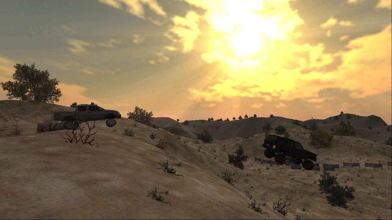 Mehrere Geländewagen in Wüstenlandschaft bei Sonnenuntergang – aus dem Mod EvoR Edition