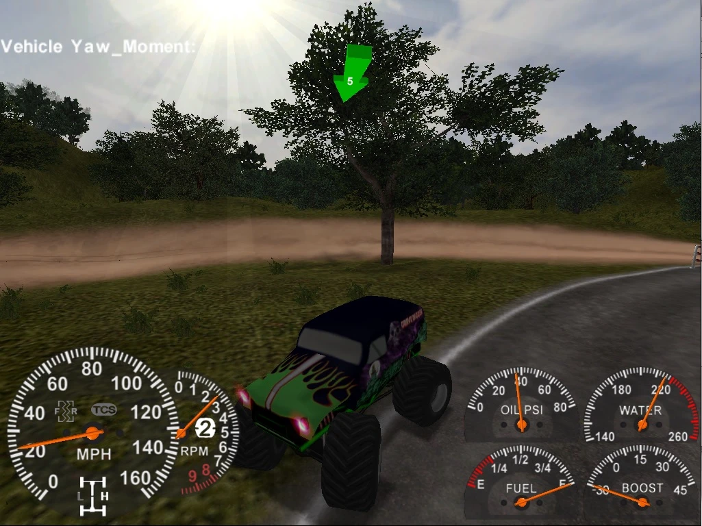 Grüner Monstertruck mit violetten Flammen in Kurve auf Asphalt – aus dem Mod 4x4 Evo 2 EvoR Edition