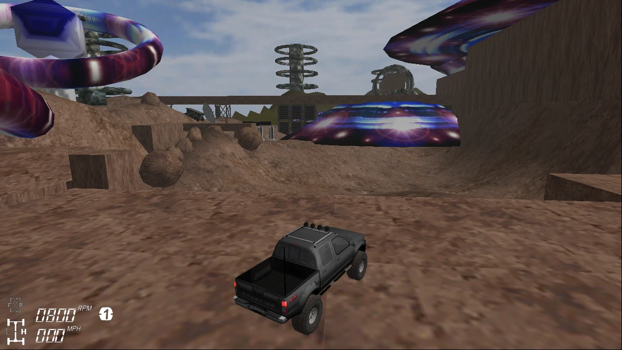 Ein schwarzer Pickup in der Nähe eines großen UFOs und futuristischer Strukturen – Screenshot aus dem Mod EvoR Edition
