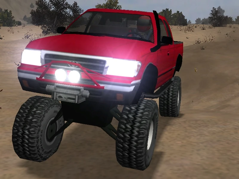 Ein hochgelegter roter Pickup mit großen Offroad-Reifen fährt durch Wüstenlandschaft – Mod EvoR Edition