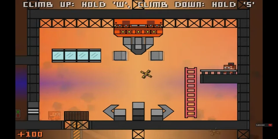 Eine Szene aus dem Fan-Spiel Half-Life 2D: Block Mesa, die ein Plattform-Puzzle mit Leitern und Blöcken vor einem orangefarbenen Hintergrund zeigt. Anweisungen zum Klettern werden oben angezeigt.