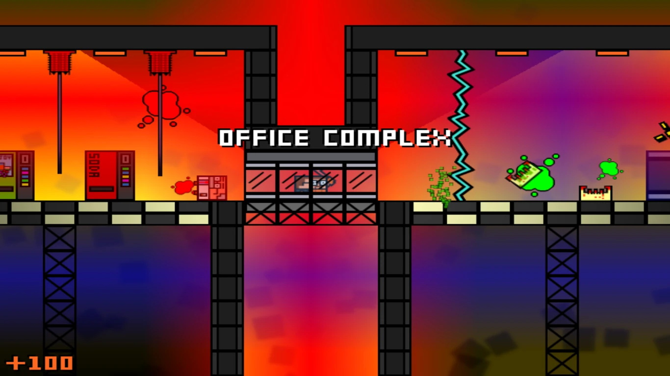 Pixel-Art-Szene des Levels Office Complex mit Gegnern und leuchtendem Sonnenuntergangshimmel im Fan-Spiel Half-Life 2D: Block Mesa