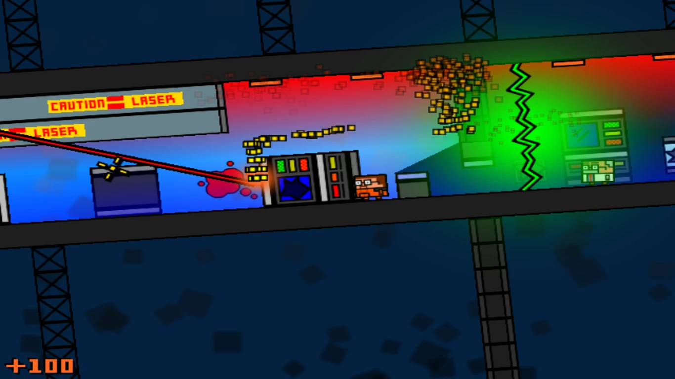 Eine Szene aus Half-Life 2D: Block Mesa zeigt einen Charakter, der einen Raum mit Lasern und bunten Effekten durchquert. Der Raum ist mit Warnschildern und elektronischen Geräten gefüllt.
