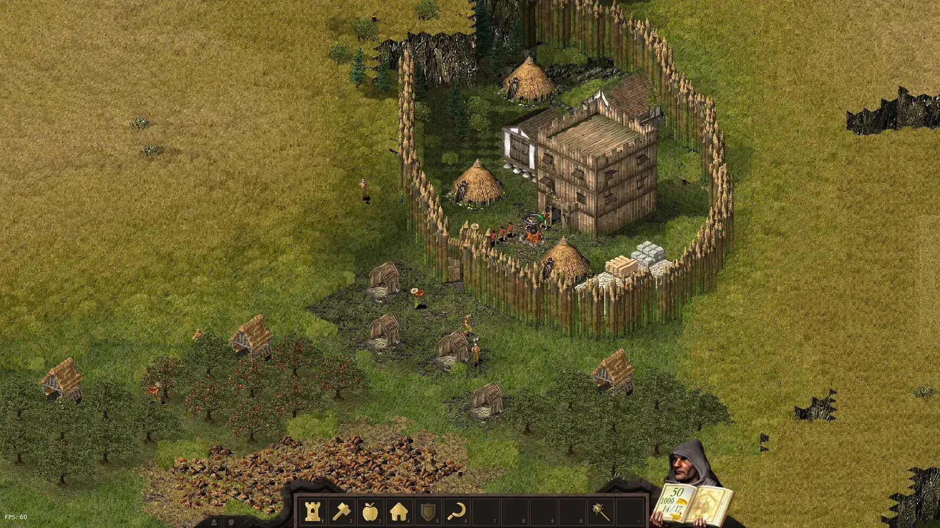 Una aldea medieval con fortificaciones de madera y chozas de paja del juego de fans 'Stone Kingdoms' basado en Stronghold. La interfaz muestra iconos de recursos y un personaje con un libro.