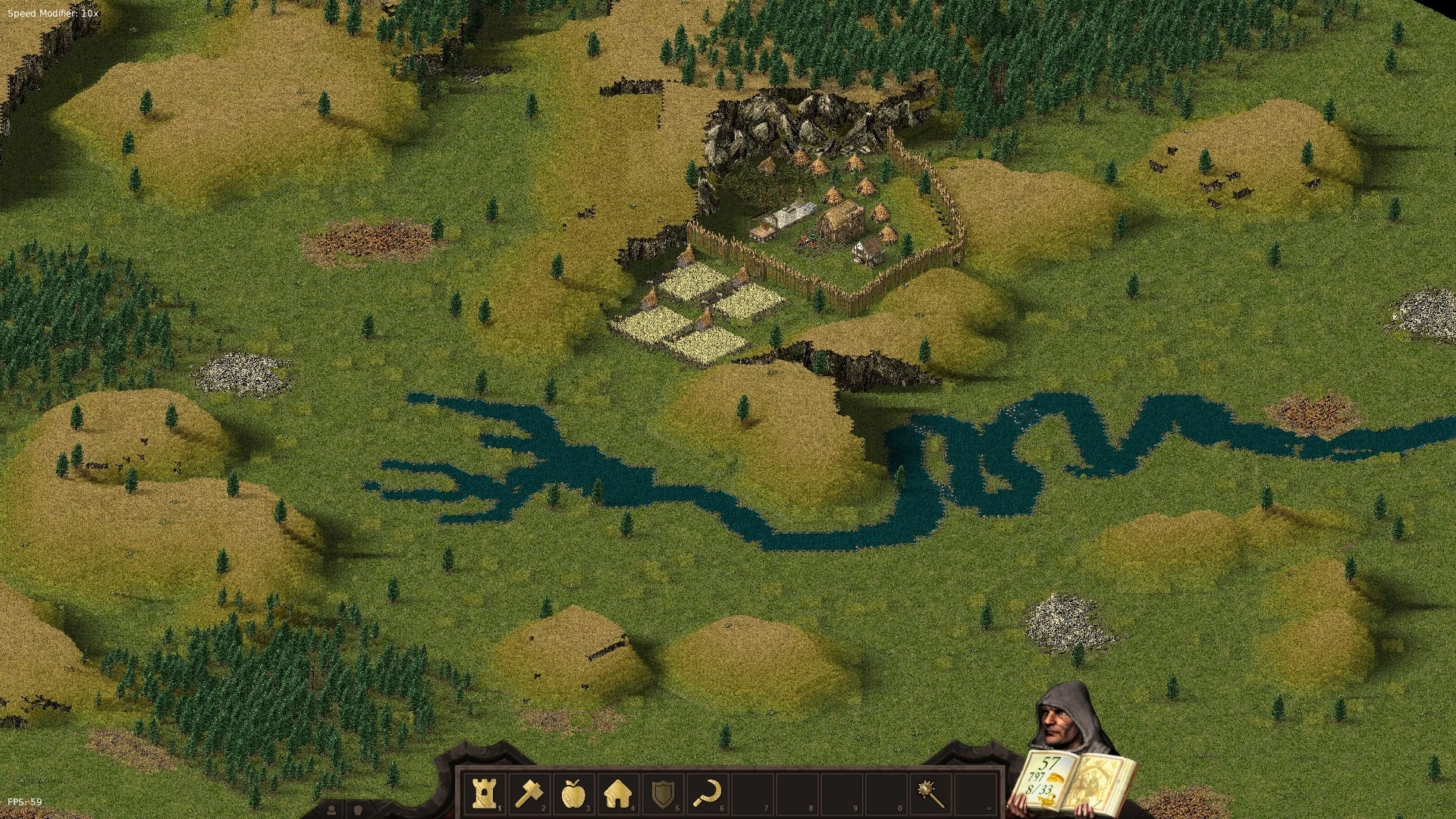 Un diseño estratégico de aldea en el juego de fans 'Stone Kingdoms' para Stronghold, con un asentamiento fortificado, campos y un río. La interfaz muestra iconos de gestión de recursos.