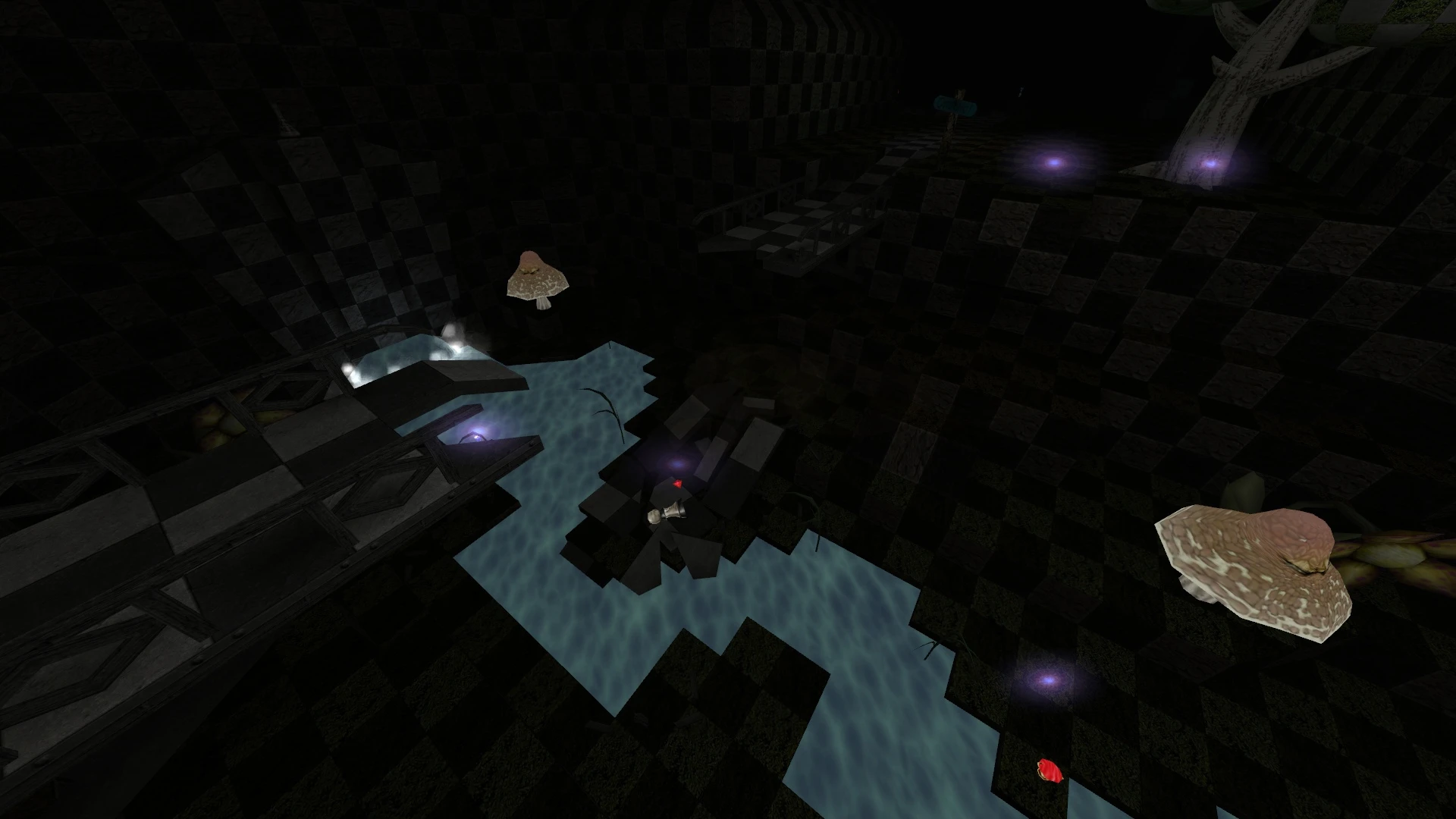 In-game scene showing a dark checkerboard terrain with luminescent mushrooms and a river under a bridge in Alice Dreamland mod