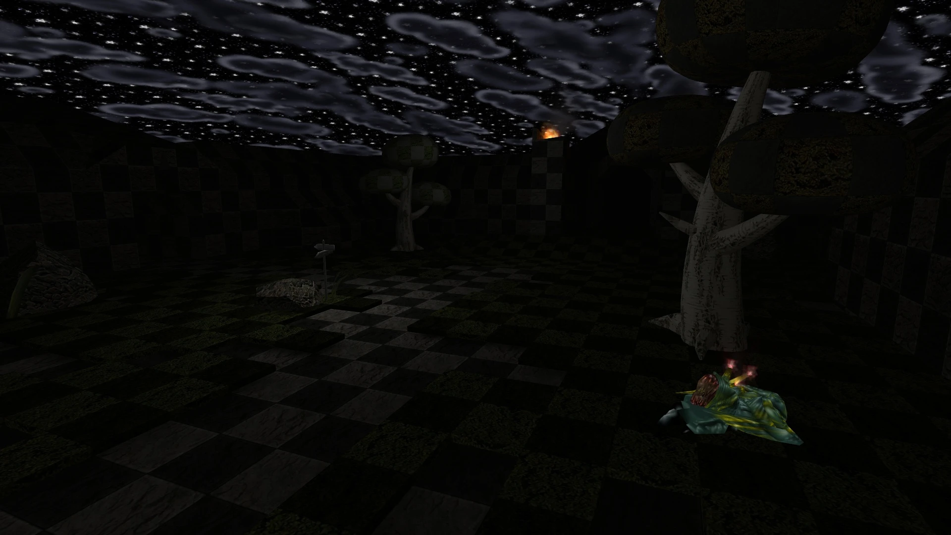 Dark checkerboard ground with bizarre trees under a starry sky in Alice Dreamland mod