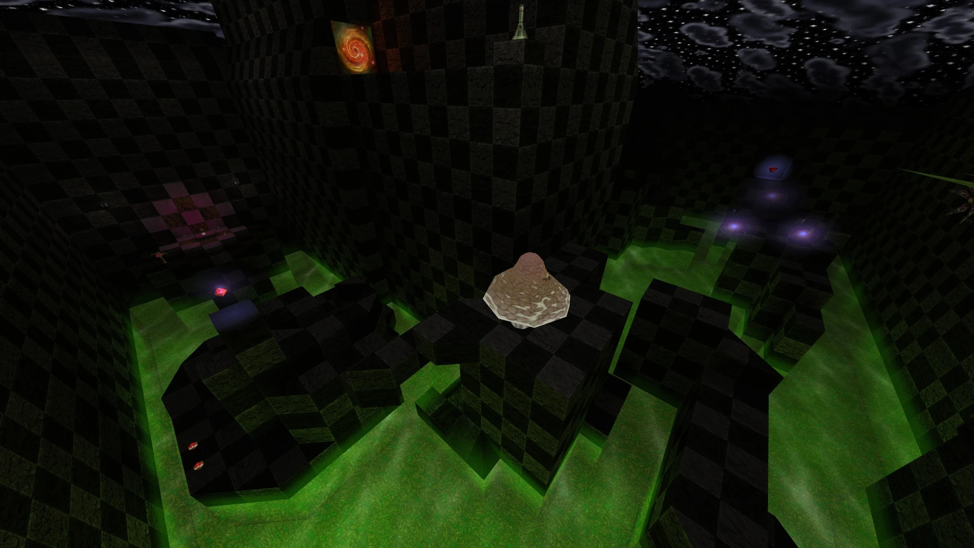 A dark checkerboard-patterned arena with green glowing liquid and various platforms under a cloudy sky from Alice Dreamland mod