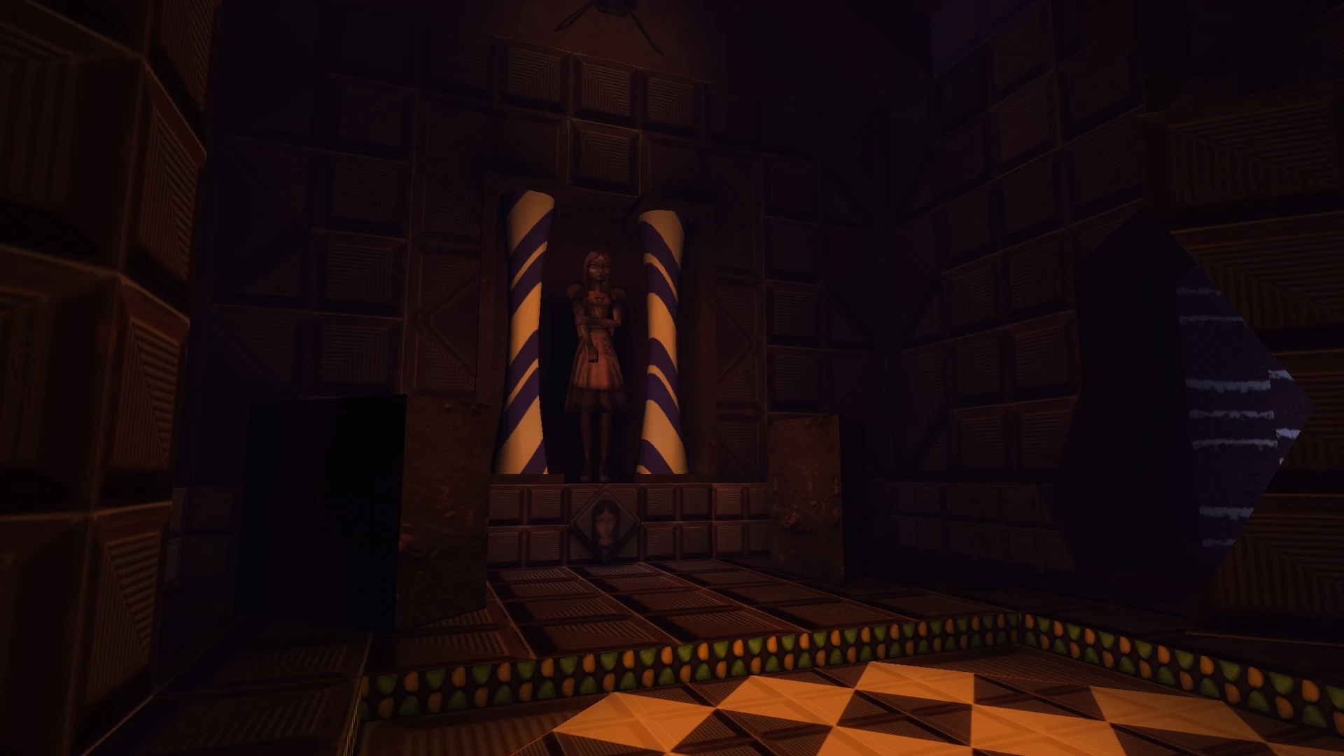 Dimly lit room with a statue of Alice against a patterned wall and tiled floor in a mod for American McGee's Alice