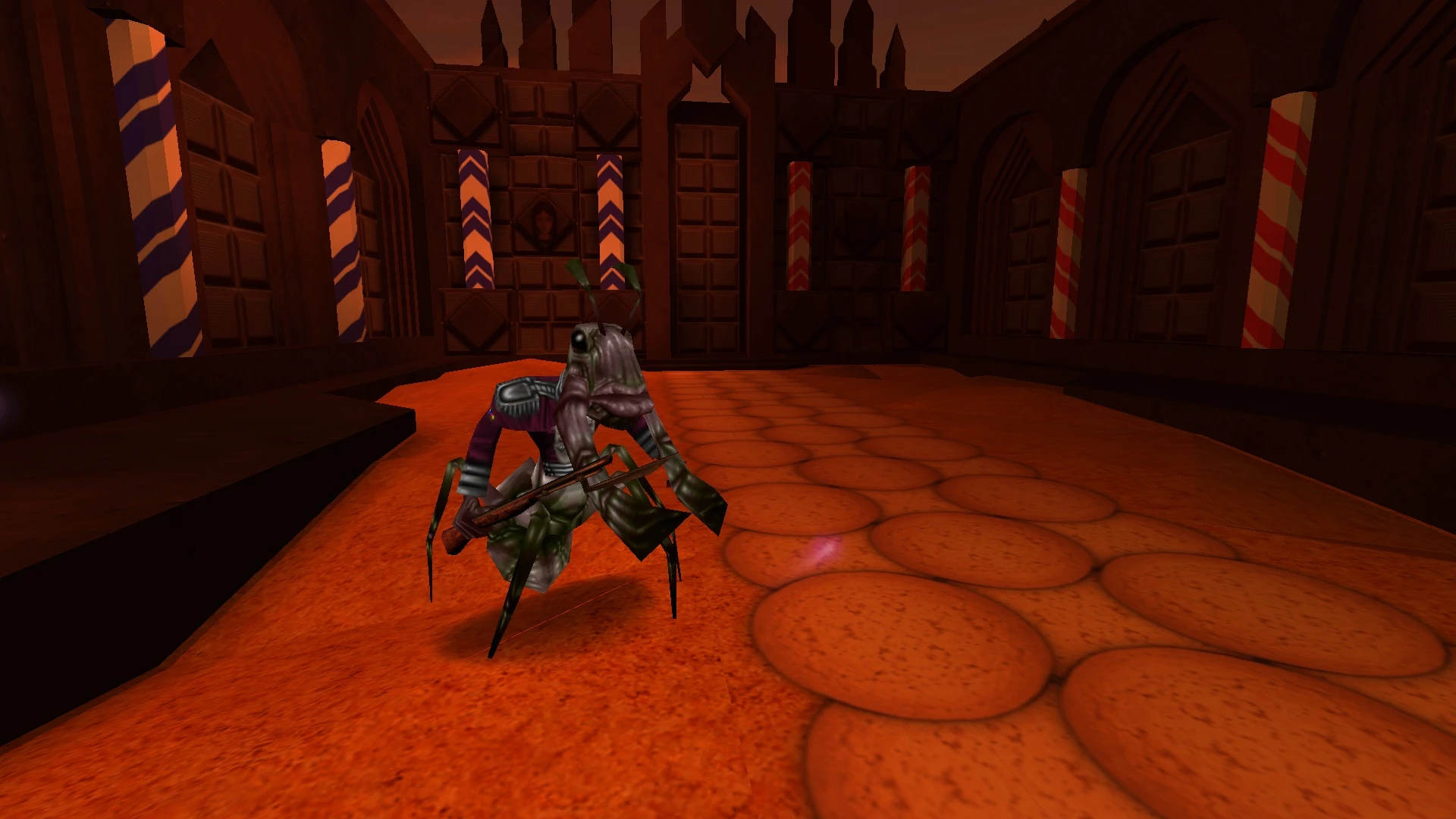 Insect soldier holding a rifle stands on orange tiled floor in a dark castle room with striped columns