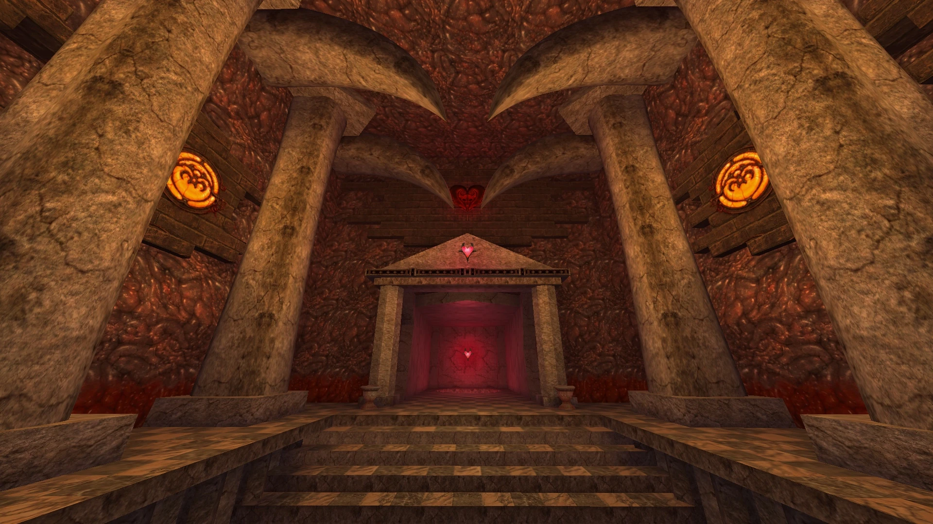 Stone temple corridor with large columns and glowing heart symbols on walls and ceiling
