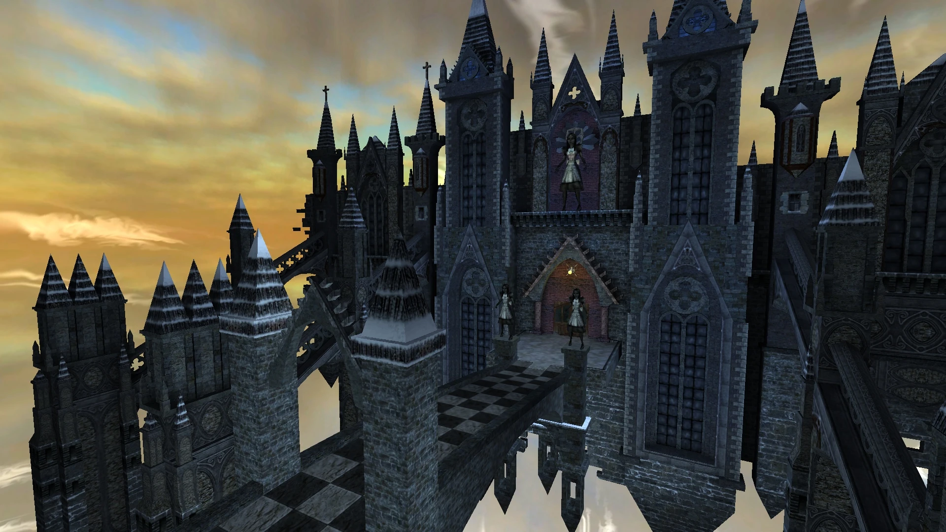 Dark gothic castle with towering spires and Alice statues in the Alice Dreamland mod