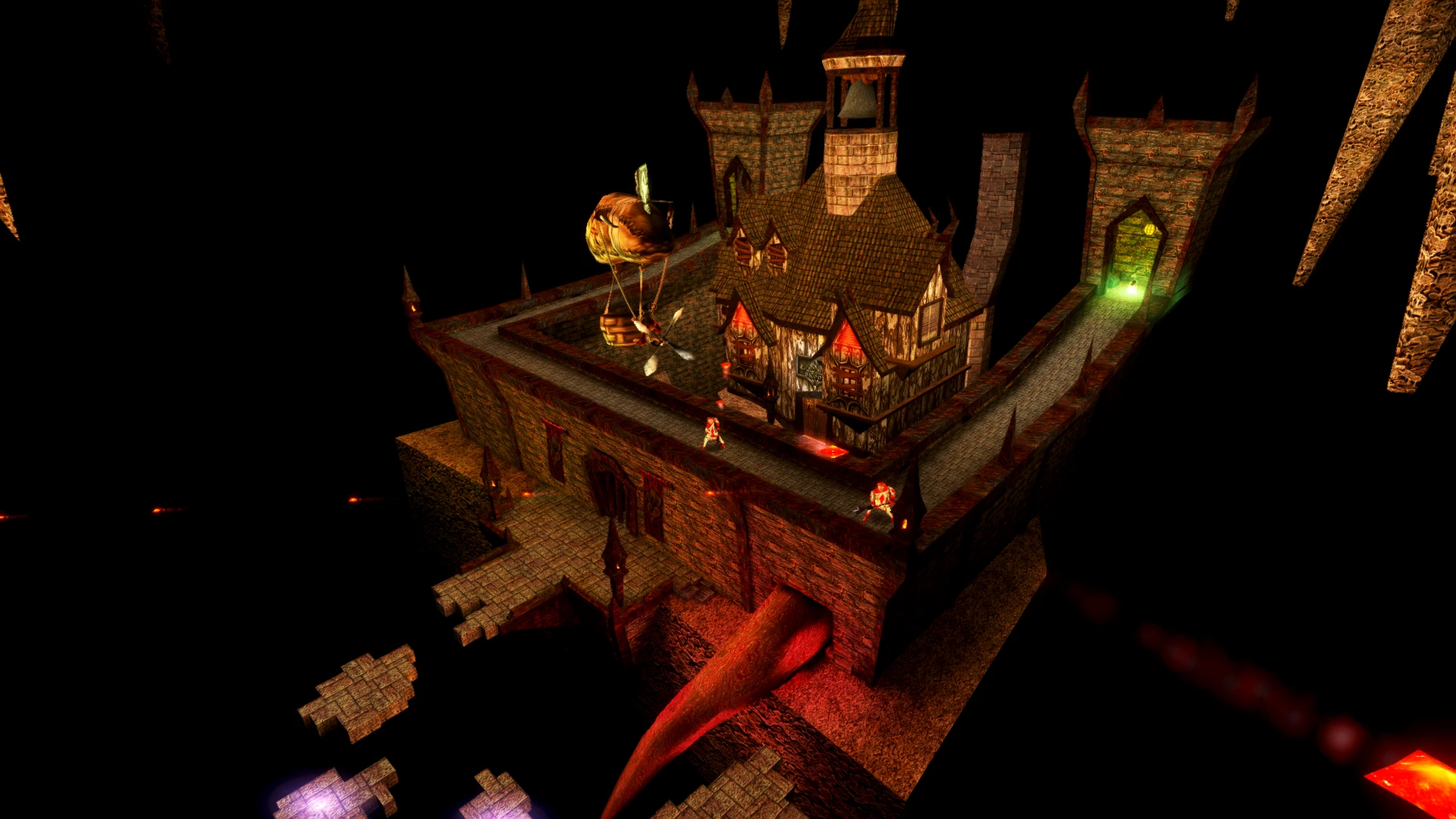 Izometryczny widok nawiedzonego zamku z czerwonymi i zielonymi światłami oraz uzbrojonymi strażnikami w modzie remaster Alice