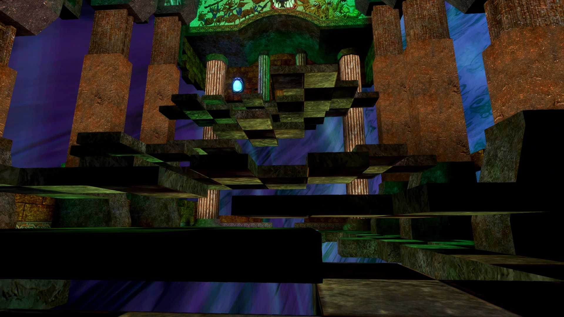 Zrzut ekranu unoszących się kamiennych platform i filarów z świecącym portalem w tle z moda American McGee's Alice