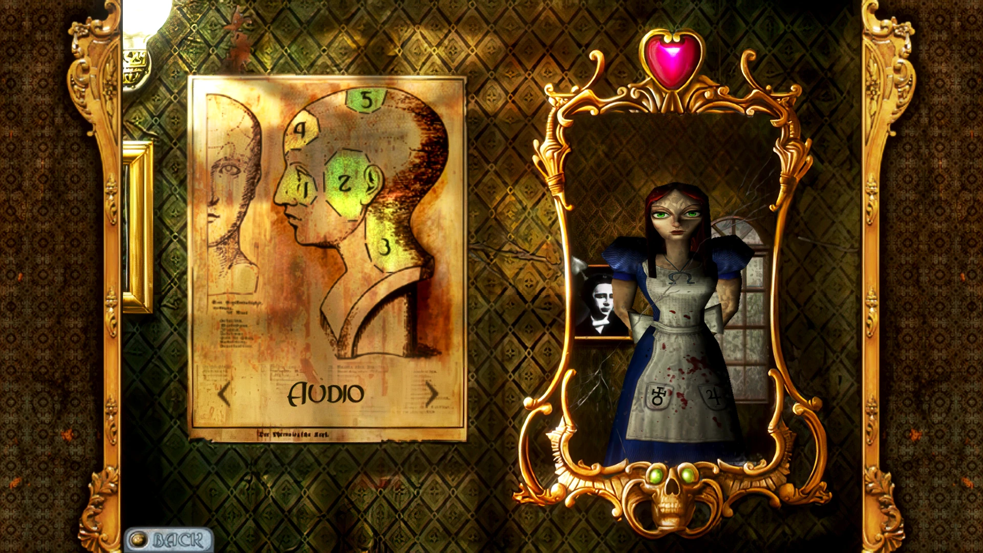 W menu gry pokazuje się dziwaczne odbicie postaci w ozdobnym lustrze oraz portret ustawień audio w modzie American McGee's Alice