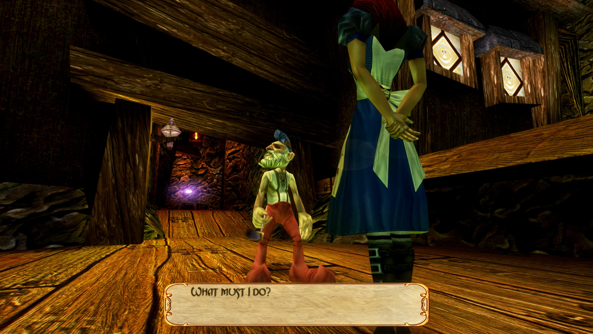 Scena z gry American McGee's Alice z teksturami remasterowanymi pokazująca dwóch bohaterów rozmawiających w drewnianym wnętrzu