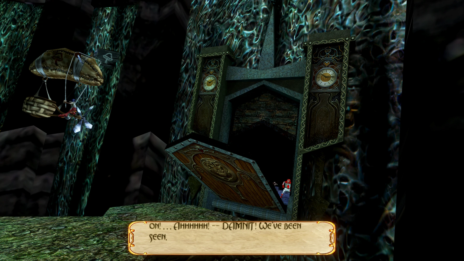 Widok z gry przedstawiający duży ozdobny zegar z otwartymi drzwiami i latający kosz z postacią