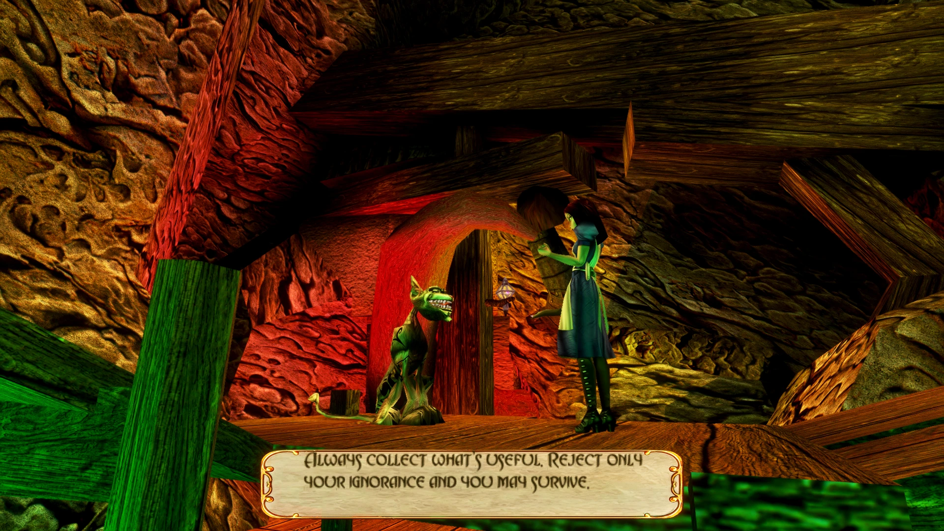 Zrzut gry pokazujący Alicję rozmawiającą z uśmiechającym się Kotem z Cheshire w skalistej jaskini z drewnianymi belkami