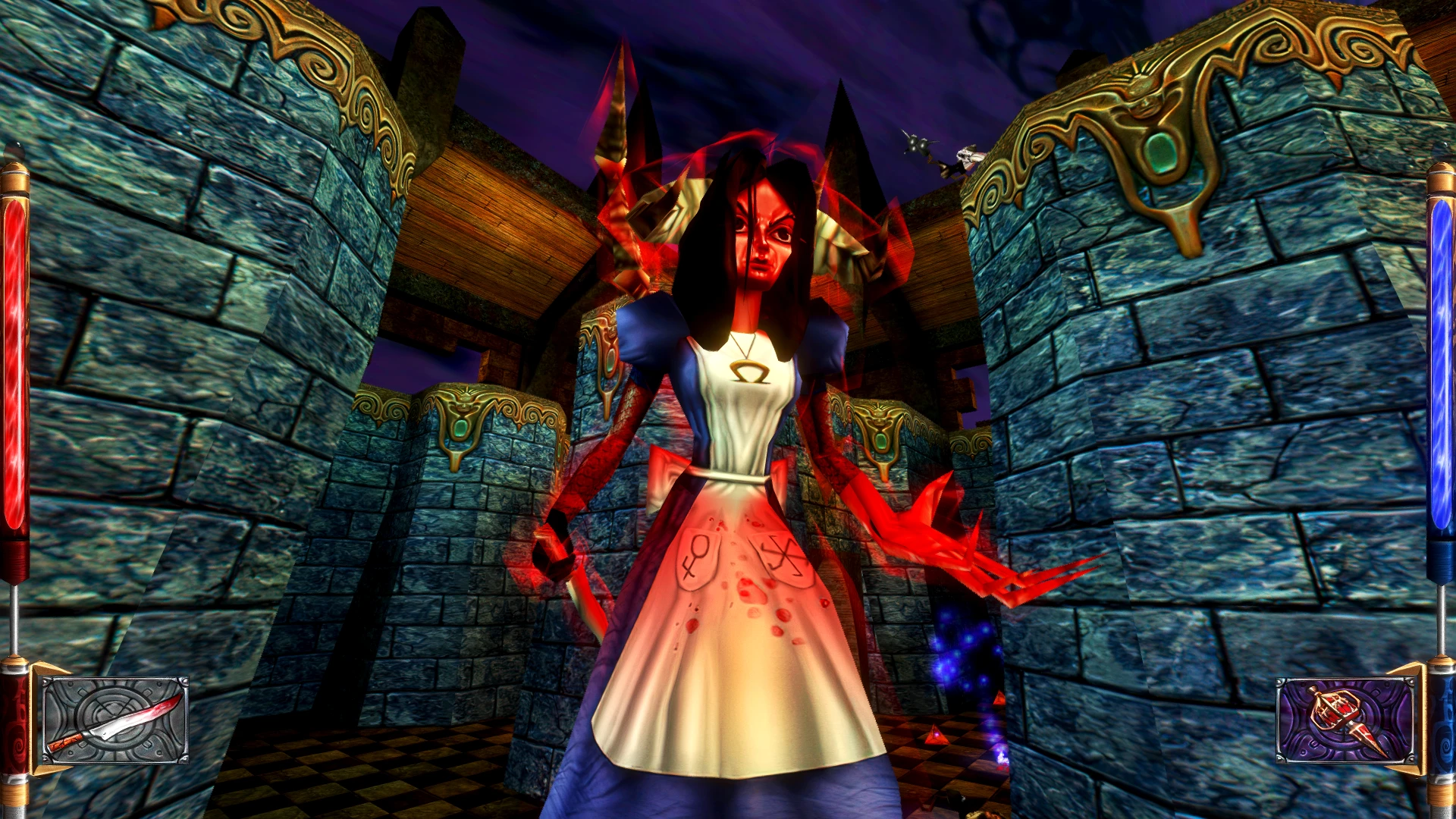 Wroga Alice w niebieskiej sukience z czerwonymi świecącymi ramionami w kamiennych murach zamku w modzie American McGee's Alice