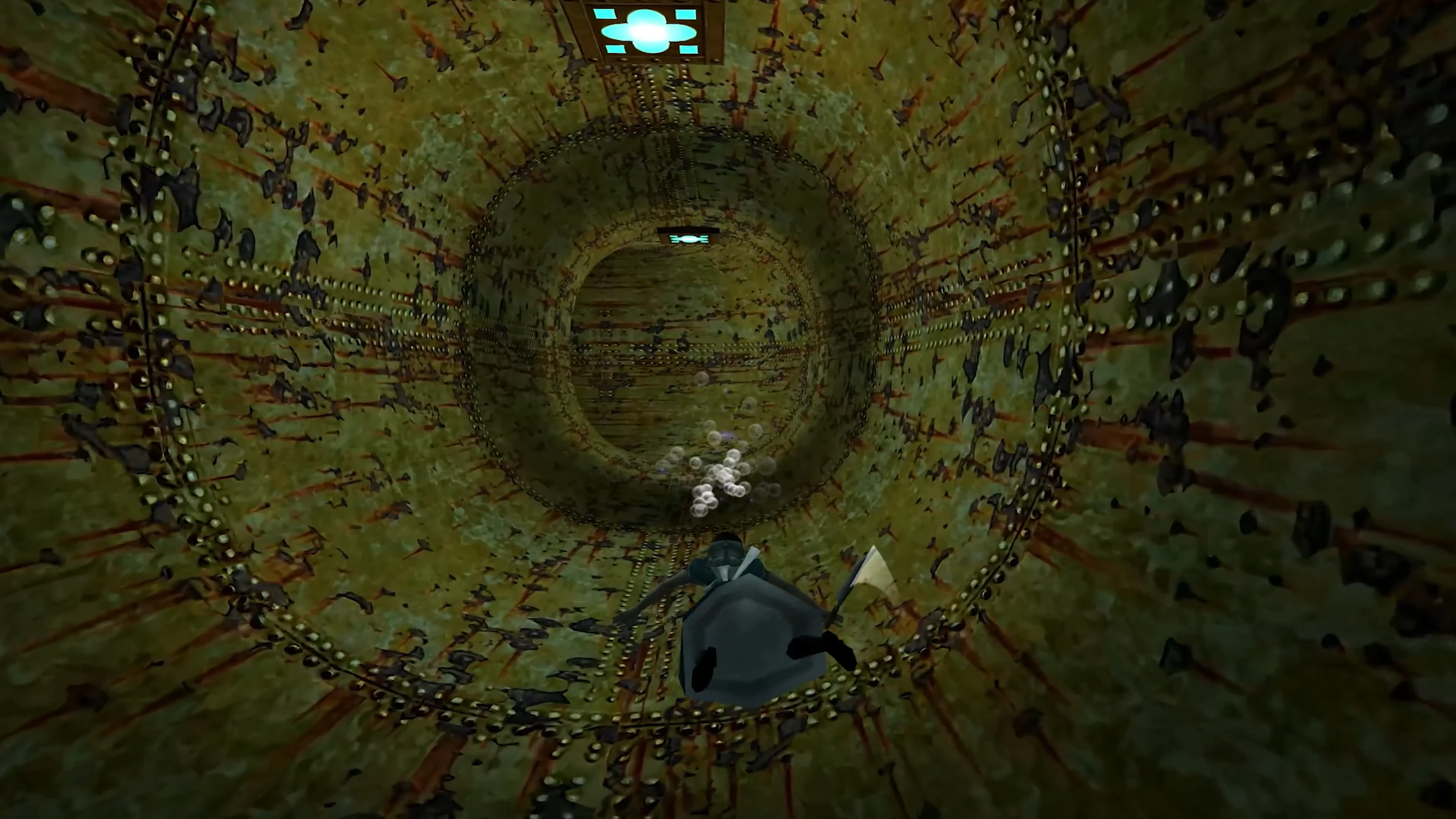 Character swimming through rusty, riveted underwater sewer tunnel in American McGee's Alice HD mod