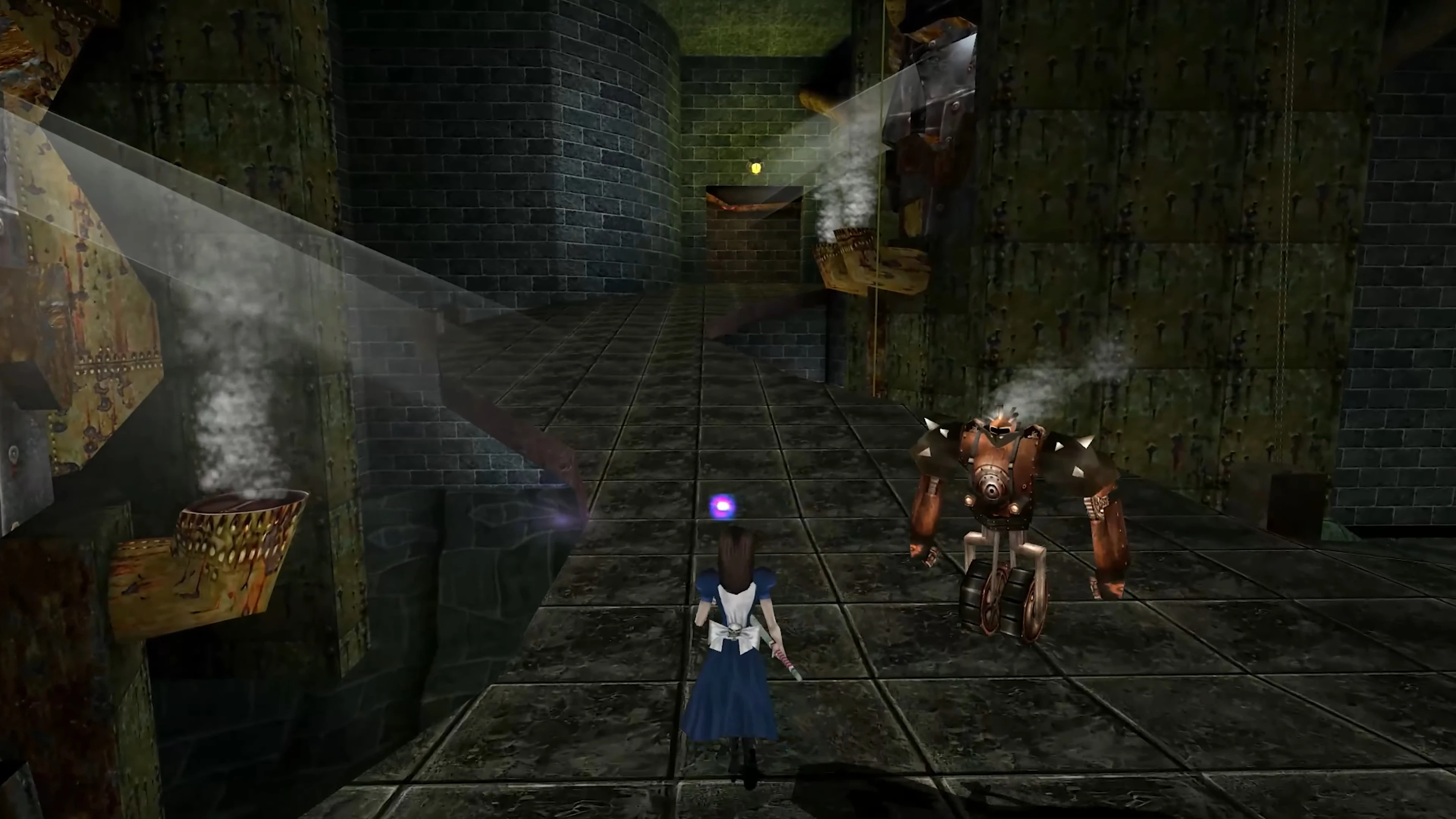 Third-person view of Alice walking in a dark industrial corridor with steam-emitting robots in modded American McGee's Alice