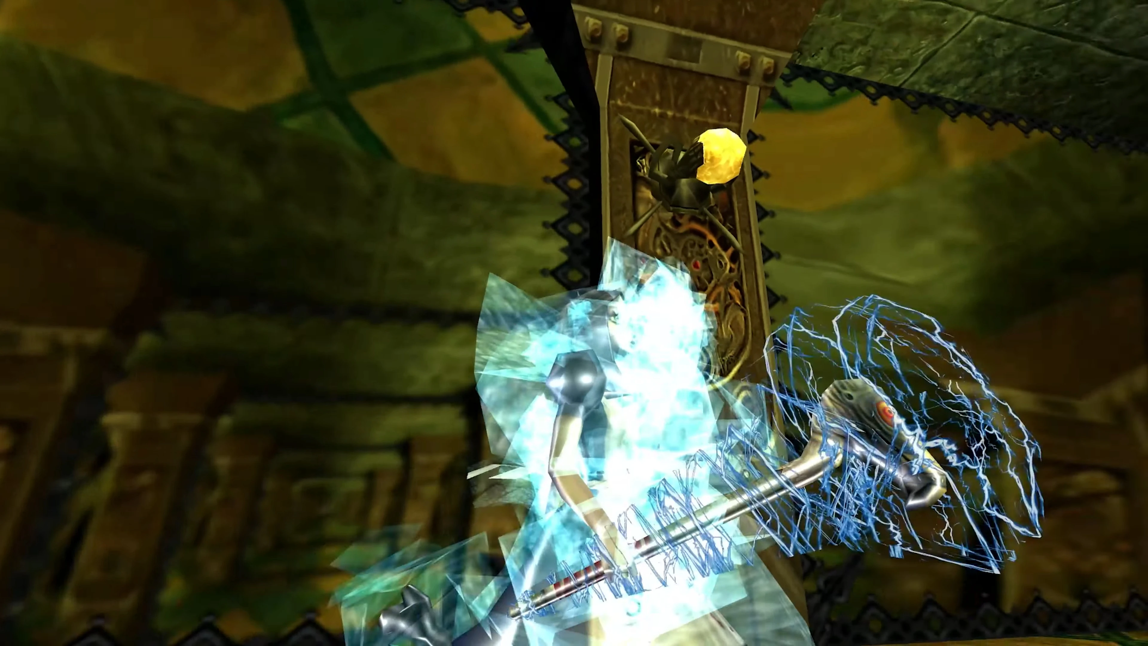 Alice character glowing with blue magical energy holding an electric staff inside a dark temple environment