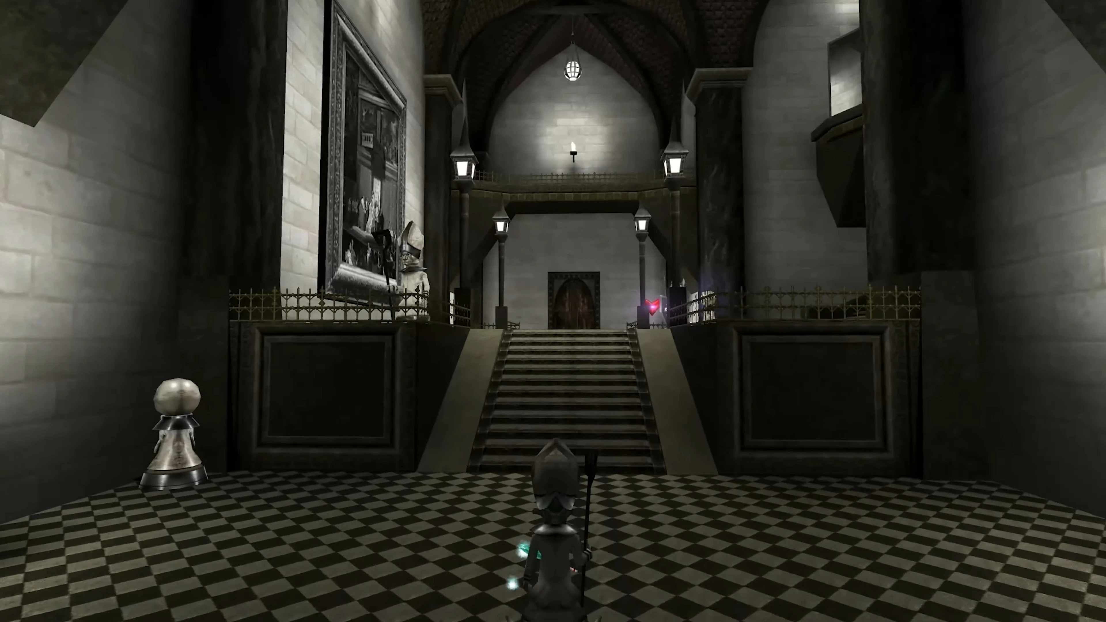 View of a gothic castle interior with checkered floor and a chess piece character facing a staircase in American McGee's Alice HD