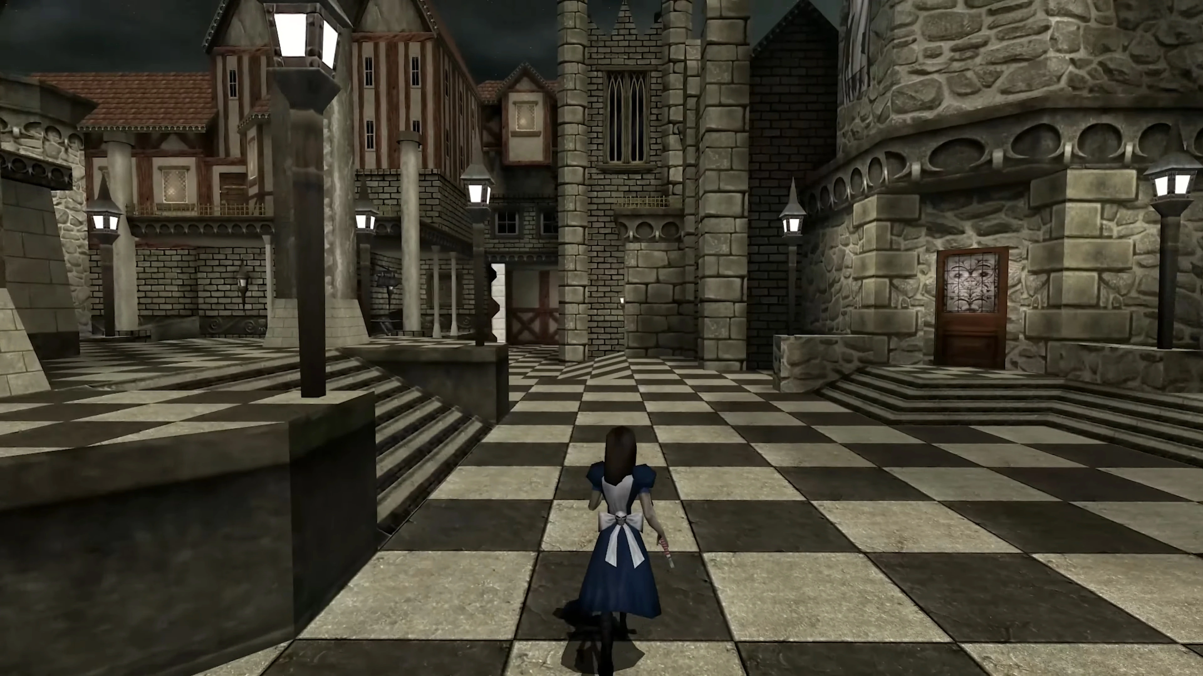 Character in blue dress exploring dark stone courtyard with lanterns and checkerboard floor in American McGee's Alice HD