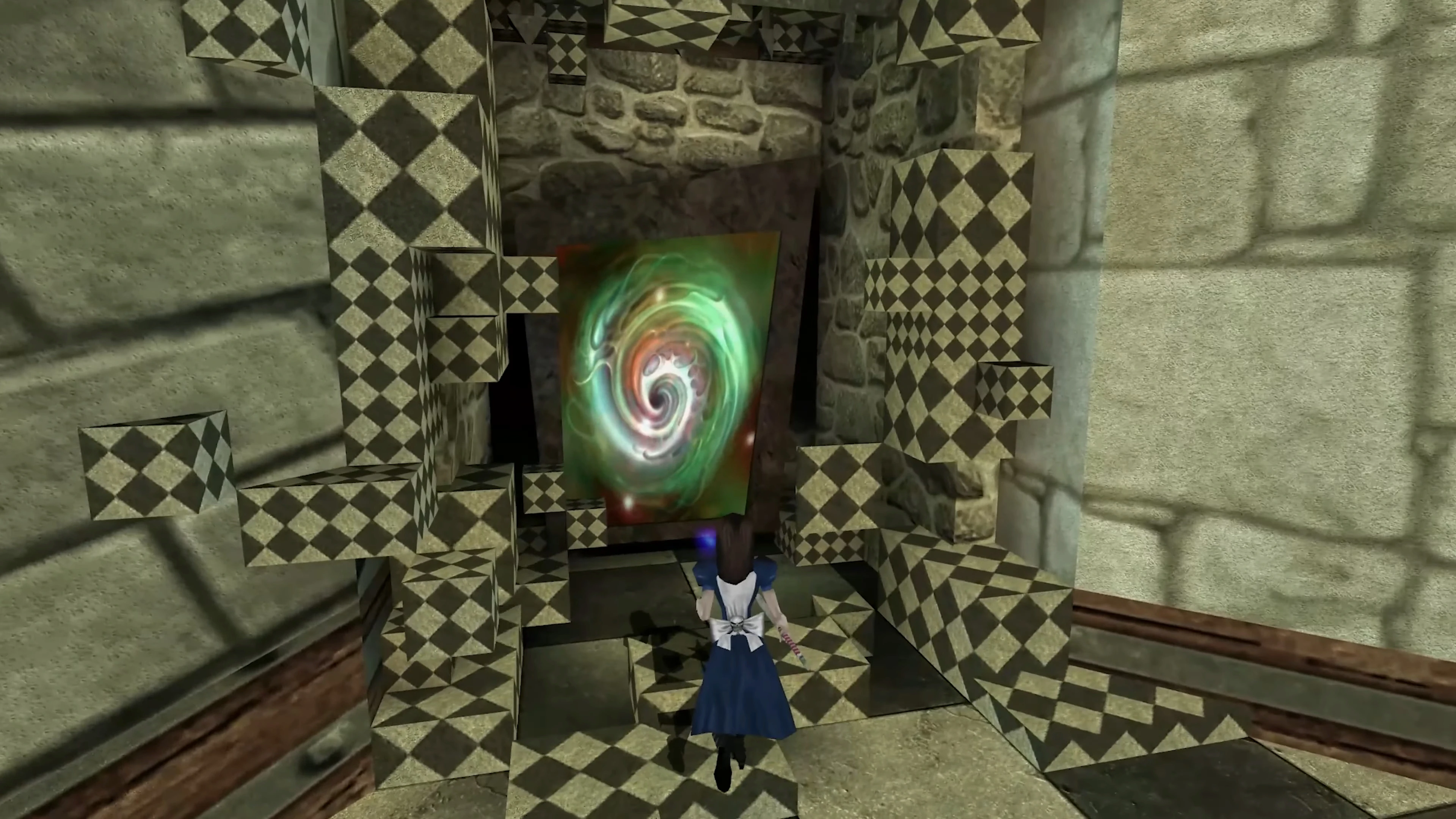 Player character stands before a swirling green and red portal surrounded by checkered blocks in a stone room