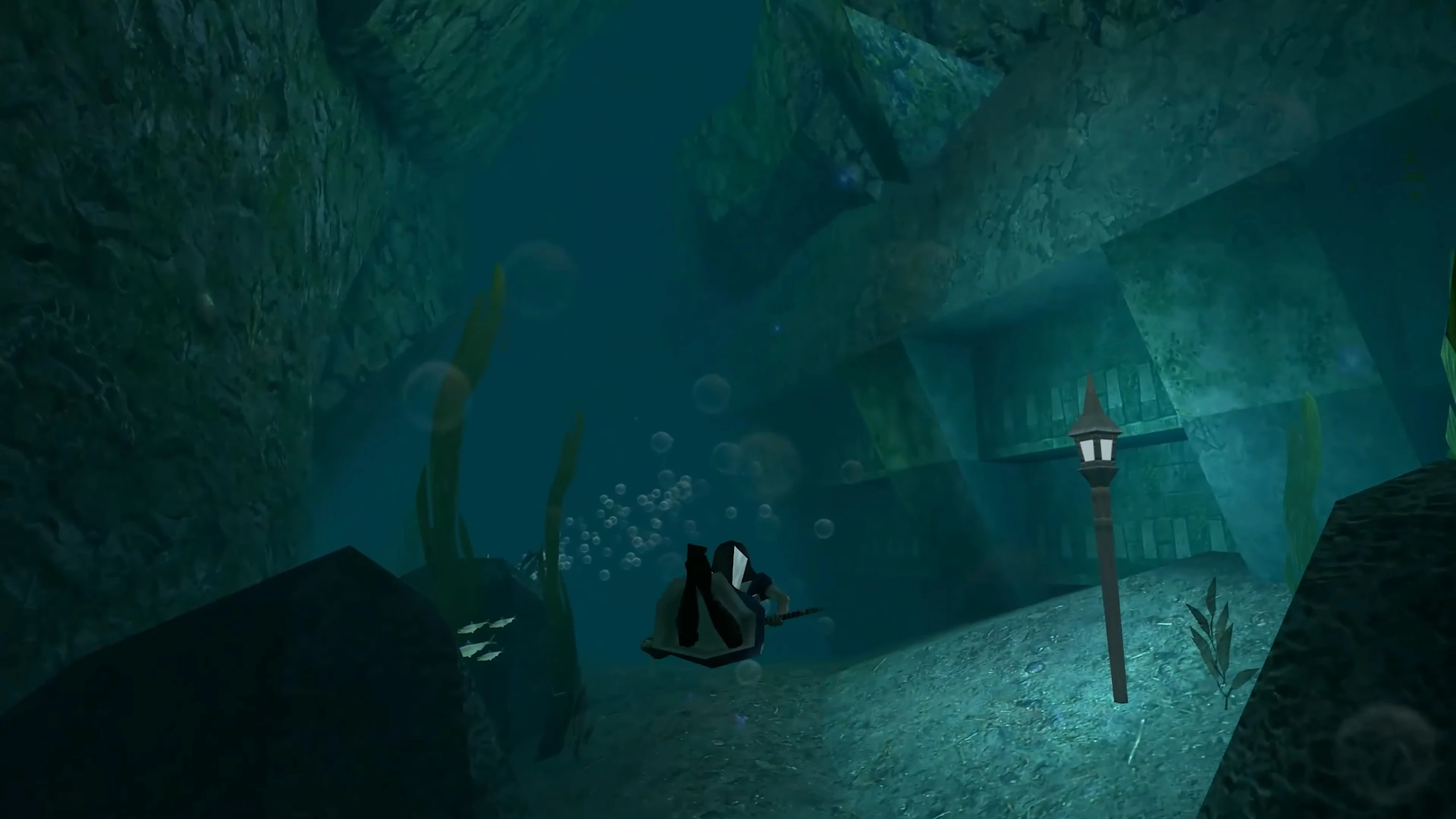 Player character swims underwater near ancient ruins and seaweed with a lamppost in American McGee's Alice HD mod