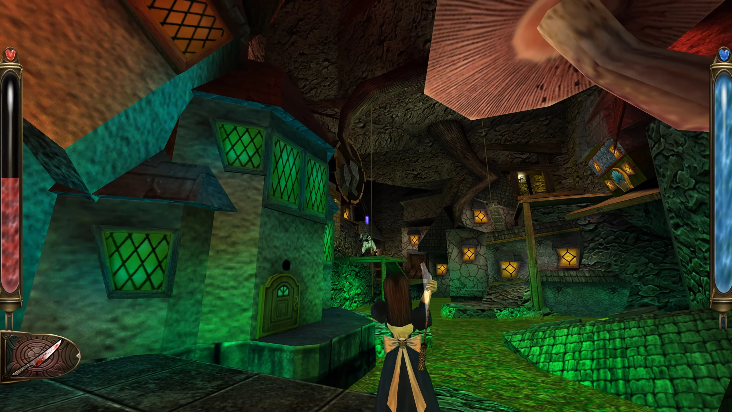 Third-person view of Alice holding a weapon in a gloomy village with green glowing houses and hanging lanterns