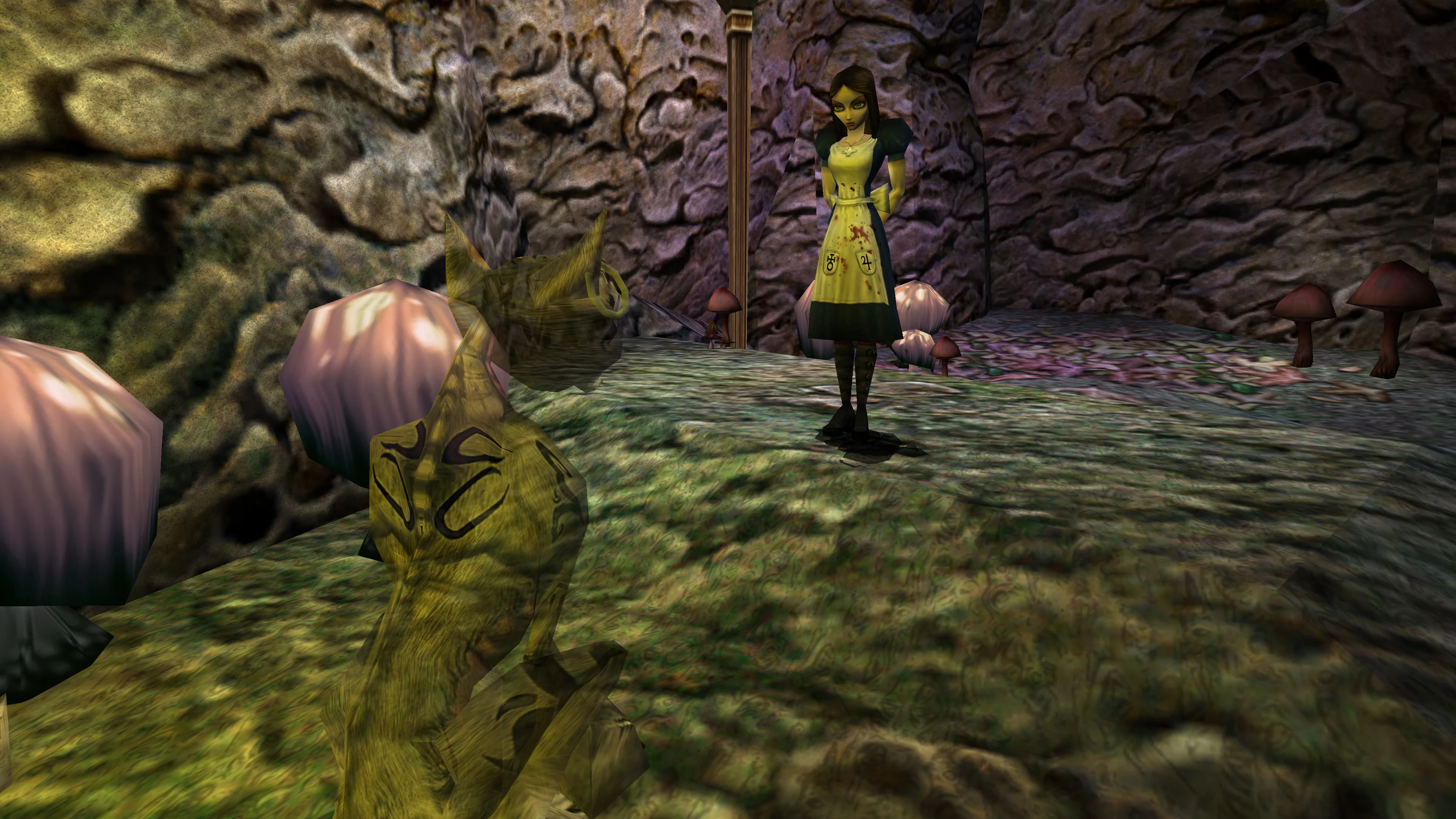 In-game screenshot showing Alice with bloodstained dress facing the ghostly Cheshire Cat in a rocky cavern with mushrooms