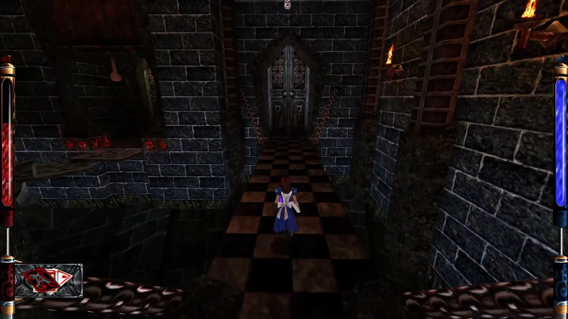 Third-person view of Alice walking on a tiled checkered path towards chained double doors inside a dark stone castle hallway