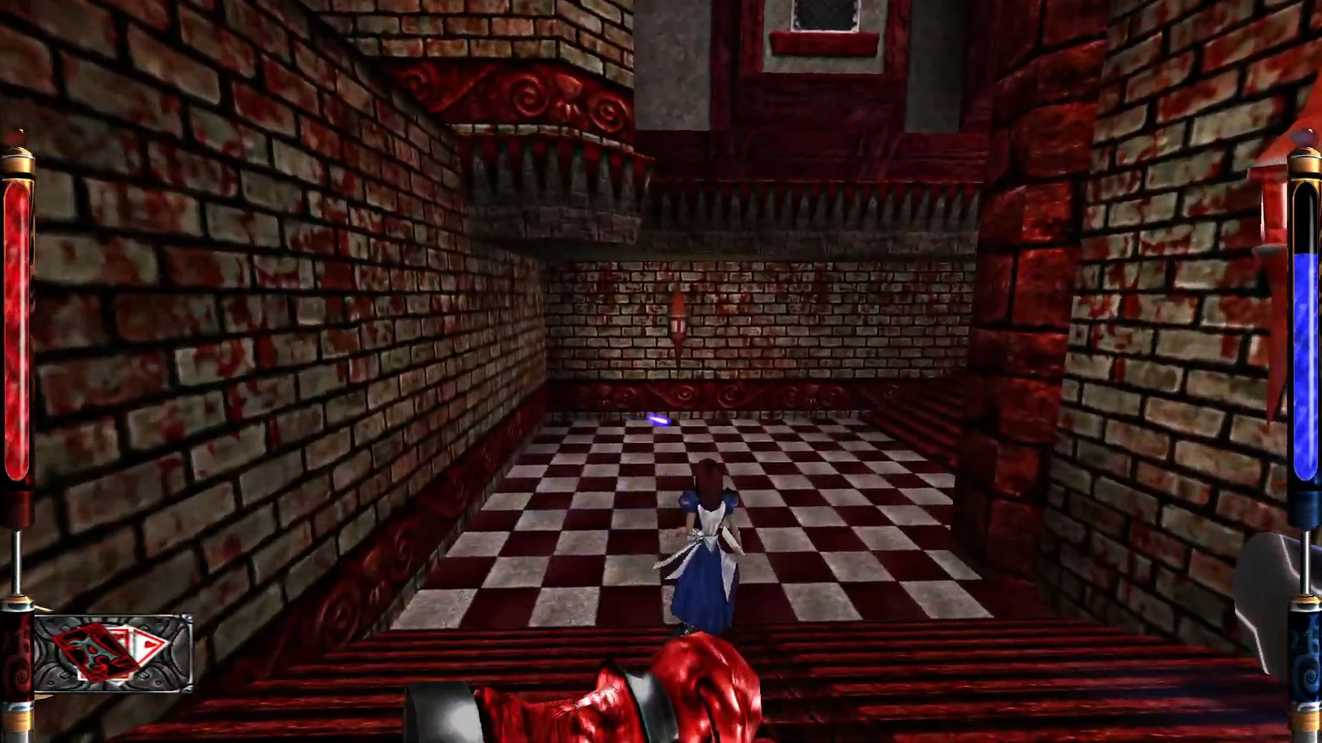 Alice in a blue dress stands in a red brick gothic corridor with checkered floor in American McGee's Alice mod