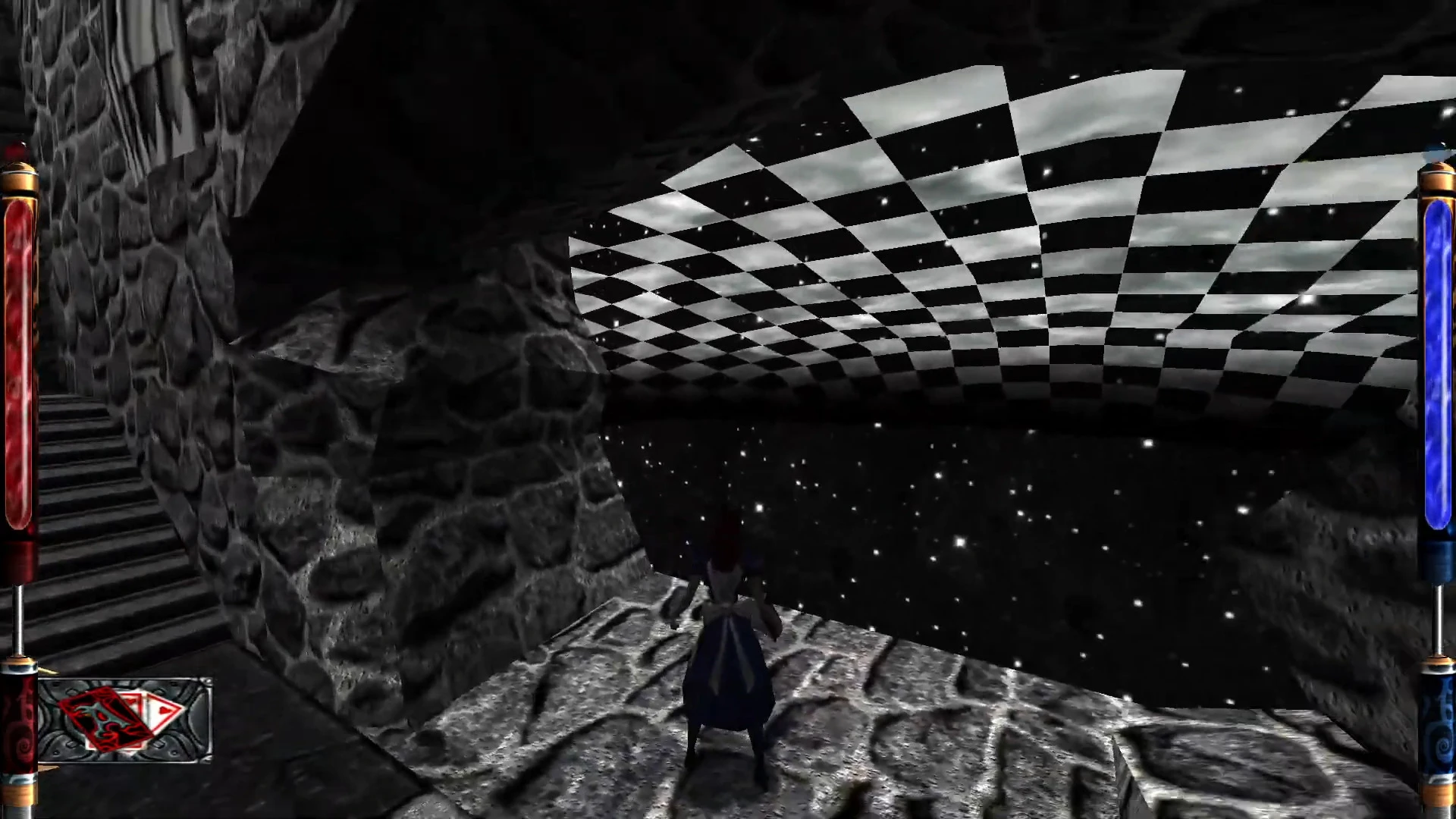 Player character stands on stone platform near stairs under a large checkerboard ceiling in a starry void environment