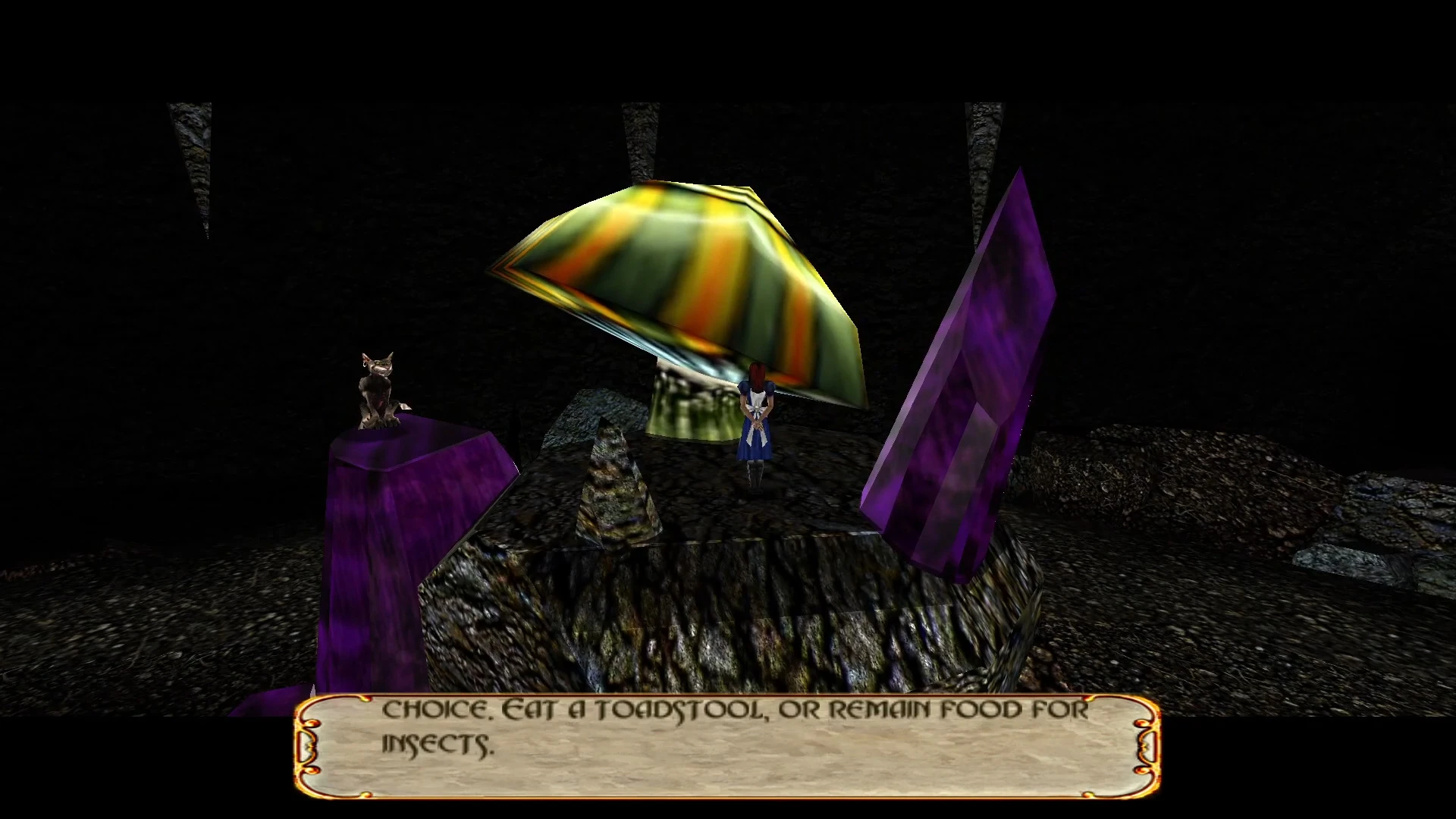 In-game screenshot showing Alice near a large colorful mushroom and purple crystals in a dark cavern