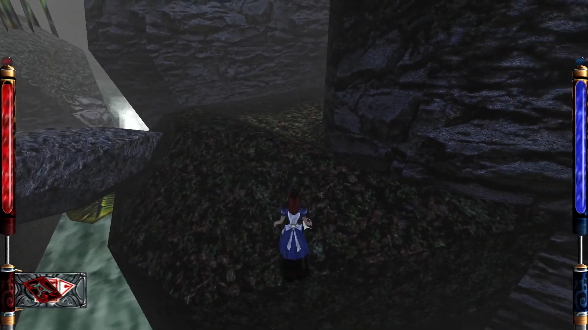 Screenshot of Alice standing on dark rocky ground near stone walls over misty chasm in the mod American McGee's Alice Madly Enhanced