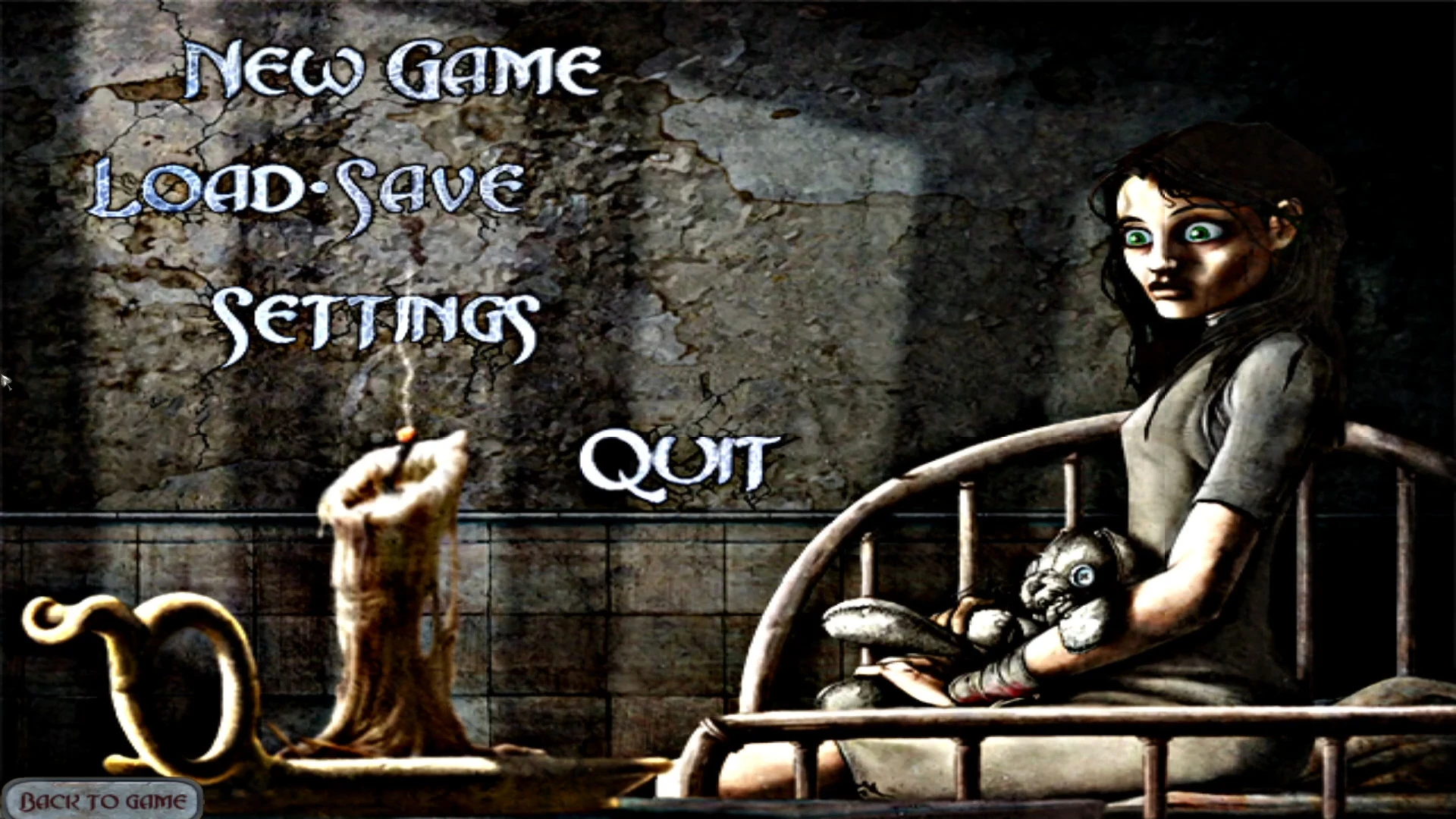 American McGee's Alice mod Madly Enhanced main menu with a dark room, eerie girl holding a doll and candle
