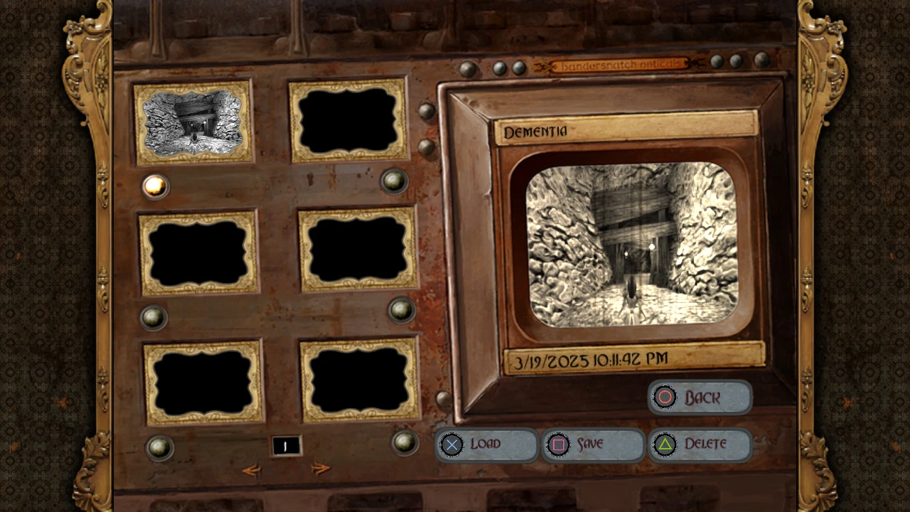 Interface showing save slots and a black-and-white preview of a rocky corridor in the Dementia level of American McGee's Alice