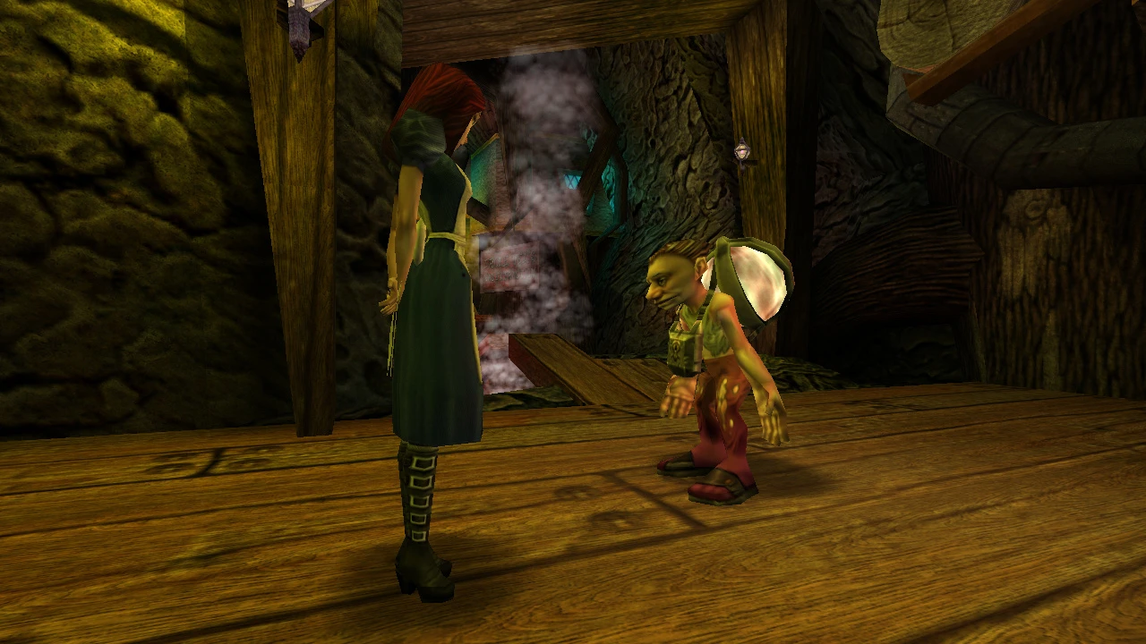 In-game scene showing Alice talking to a small goblin-like character inside a wooden interior
