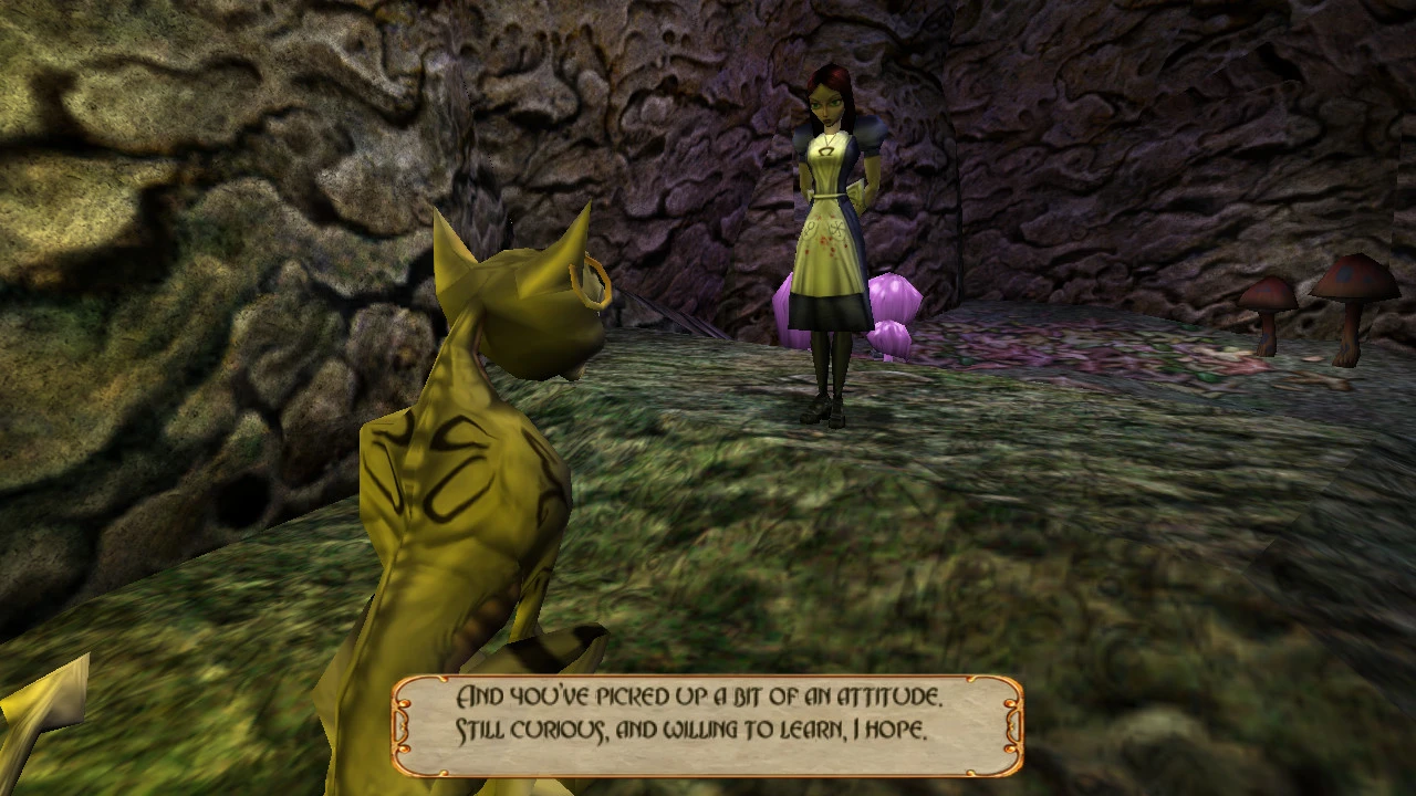 In-game scene showing Alice and the Cheshire Cat talking in a dark cavern with dialogue box active