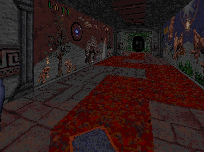 Captura de pantalla del juego mostrando un pasillo de mazmorra con poca luz, murales detallados de monstruos y un portal luminoso al final
