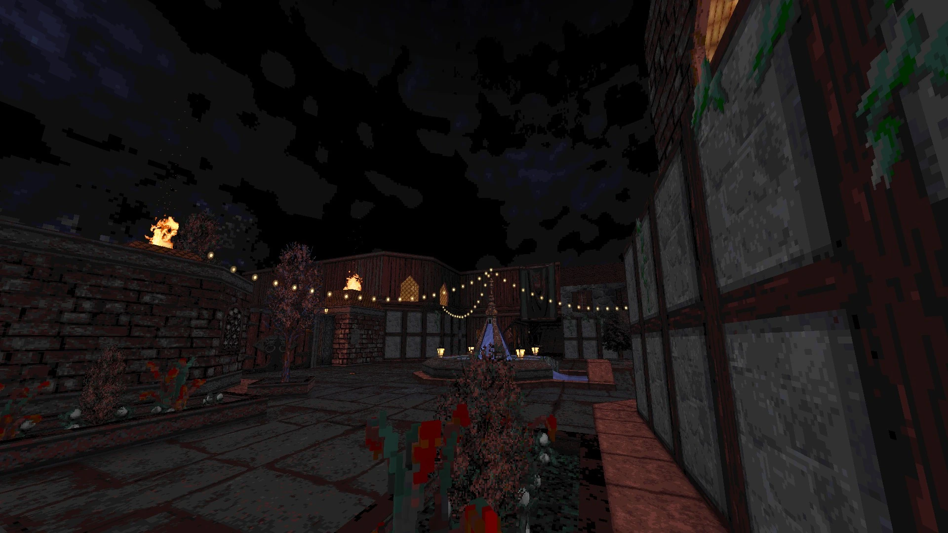 Patio oscuro pixelado de noche con llamas en paredes y luces en cadena en el mod Blood 1997 Death Wish
