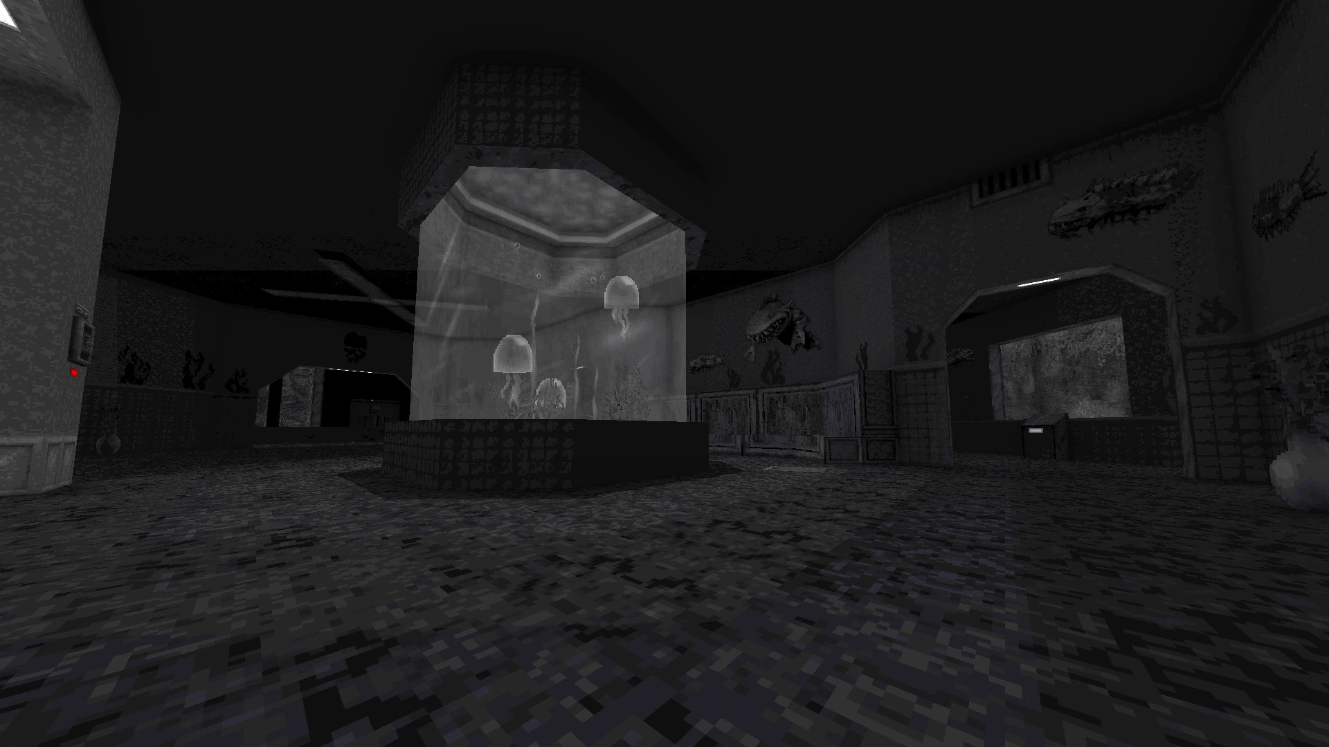 Captura de pantalla del juego con un acuario oscuro, tanques de medusas y decoraciones acuáticas en Blood 1997 mod Death Wish