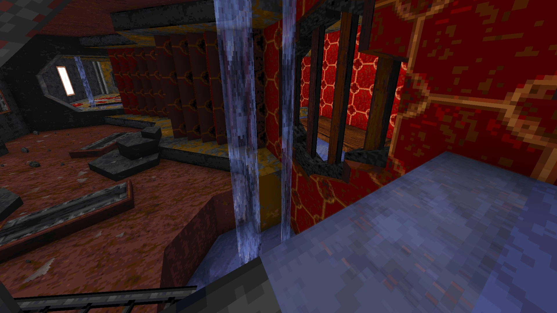 Captura de juego mostrando interior industrial con paredes rojas y corrientes de agua azul