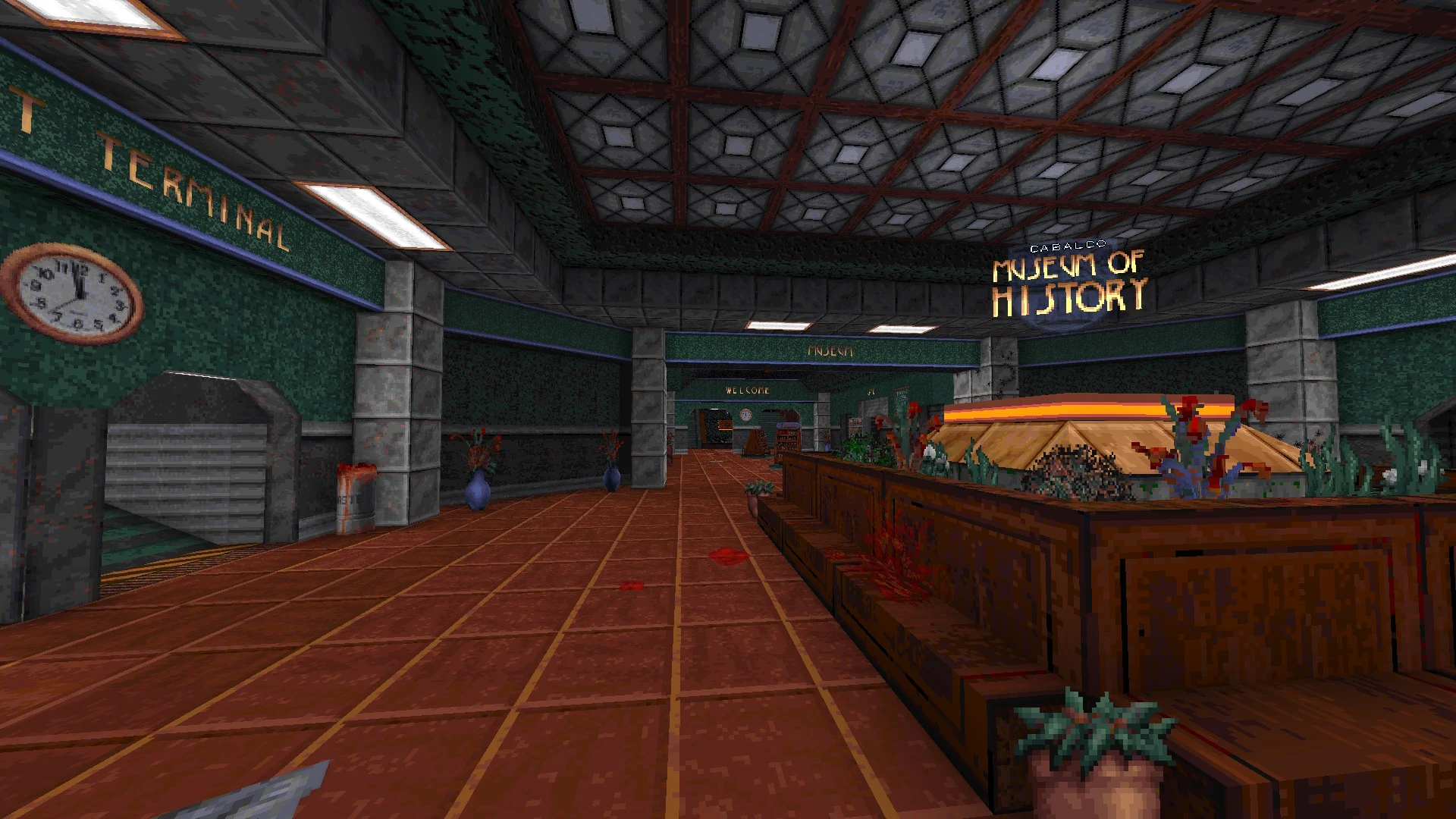 Interior pixelado de un pasillo de museo con suelo de baldosas, reloj en la pared y cartel del Museo de Historia en el mod Death Wish de Blood 1997