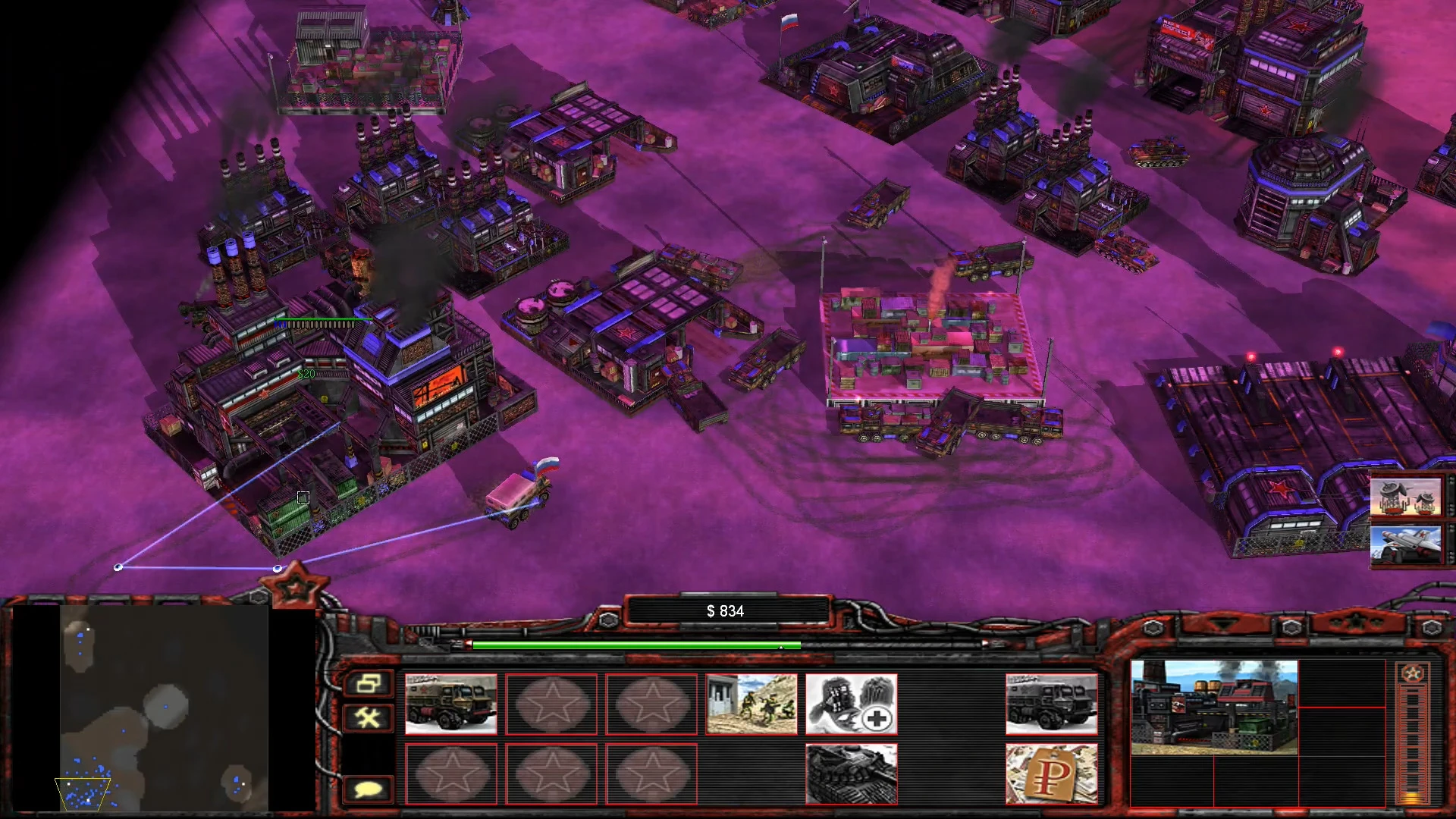 In-game screenshot of a Command & Conquer Generals Russian faction base with buildings and vehicles in Rise of the Reds mod