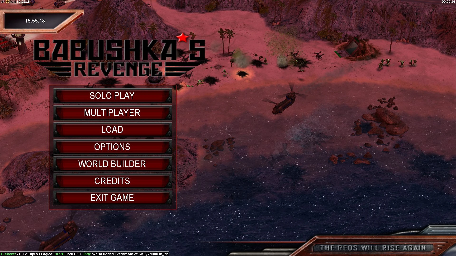Screenshot of Babushka's Revenge mod main menu with game options and coastal battle scene visible