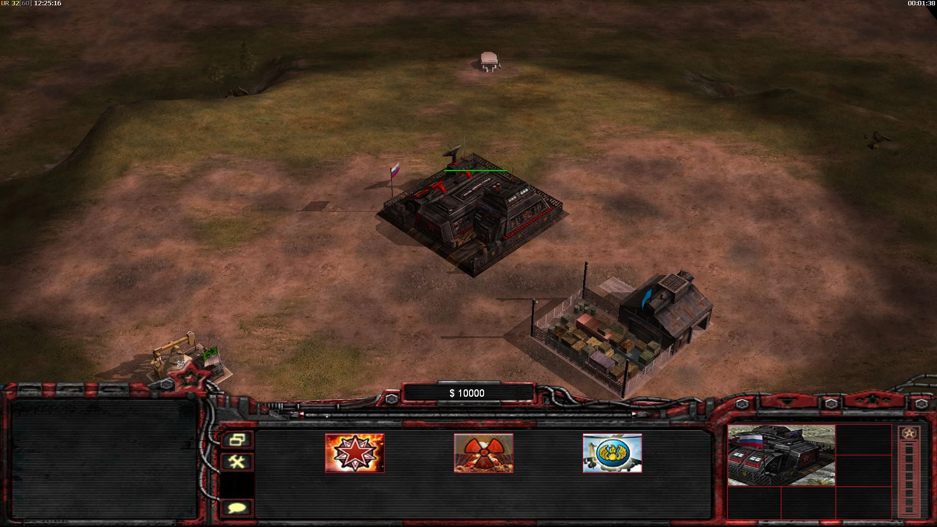 Screenshot showing a fortified base with buildings and interface from Rise of the Reds mod in Command & Conquer Generals