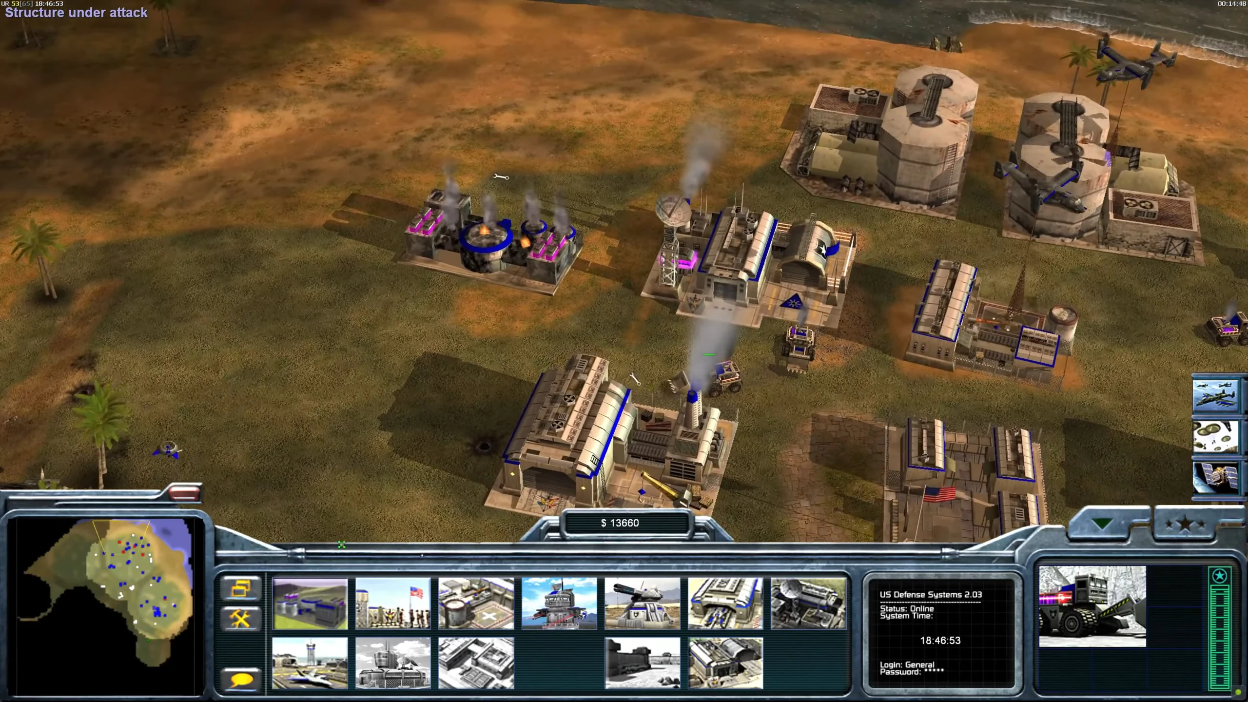 Captura de pantalla del juego con edificios dañados y unidades bajo ataque en campaña ROTR Falcon Rising